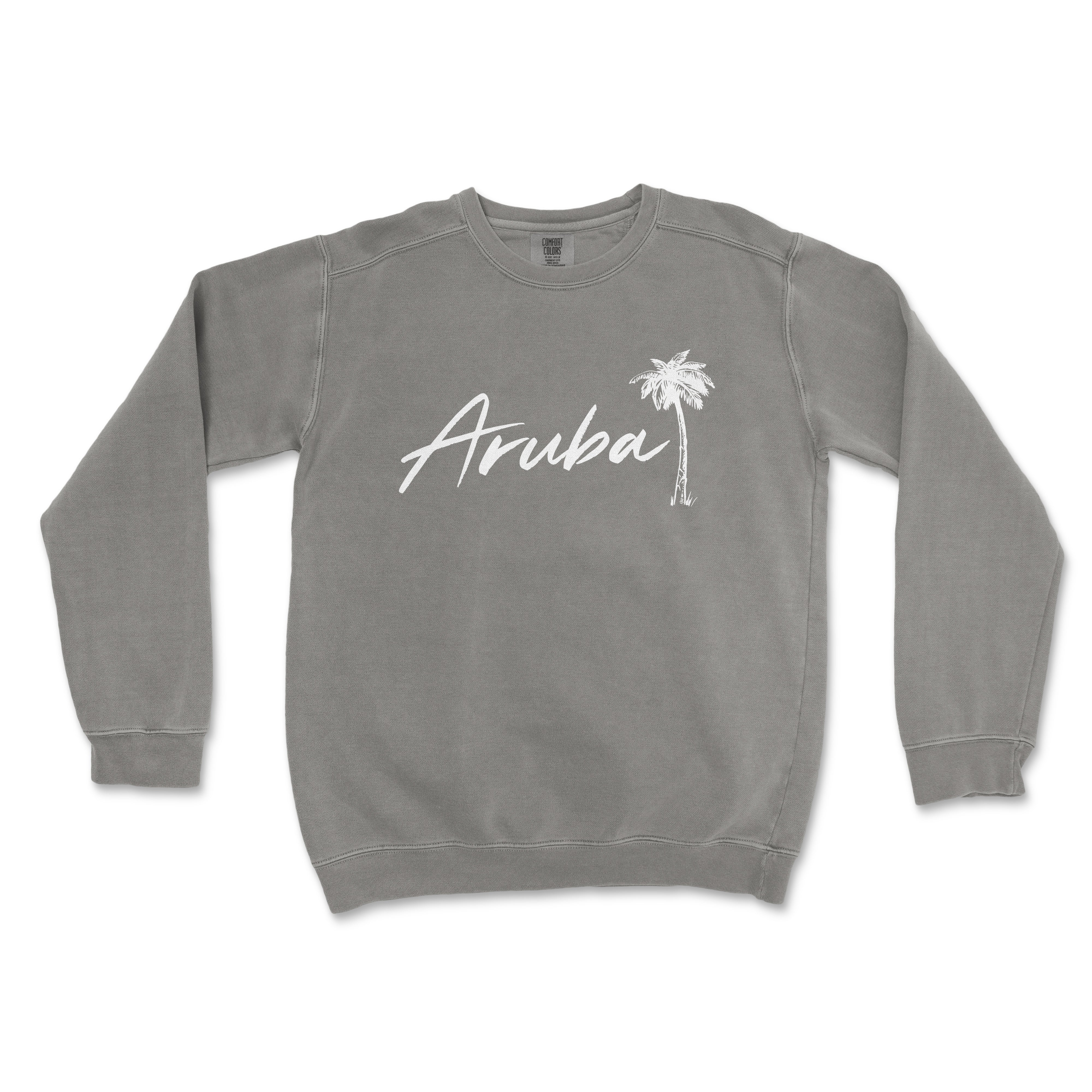 a gray sweatshirt with the word aruba written in white