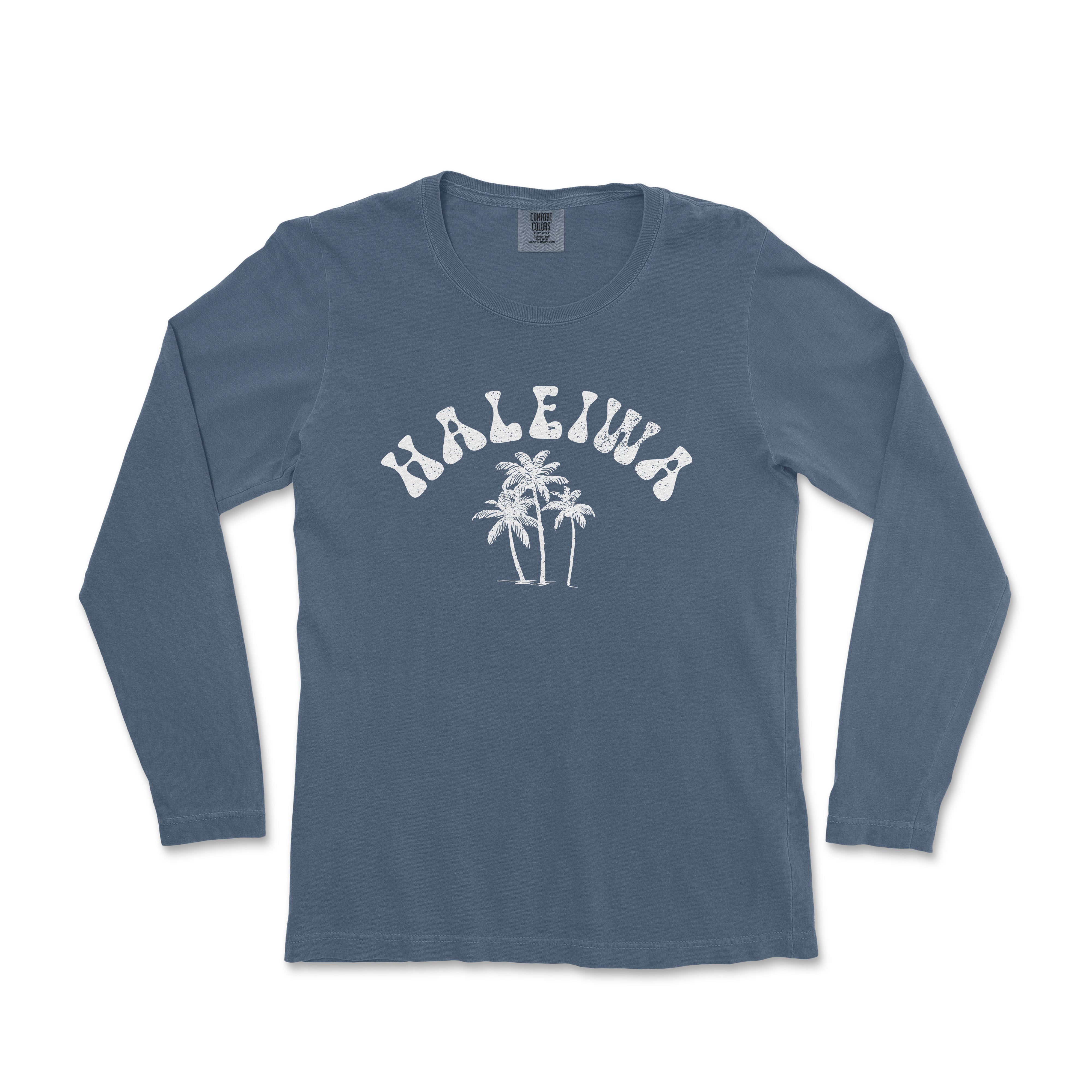 a blue long sleeve shirt with a palm tree and the word haleuna on it