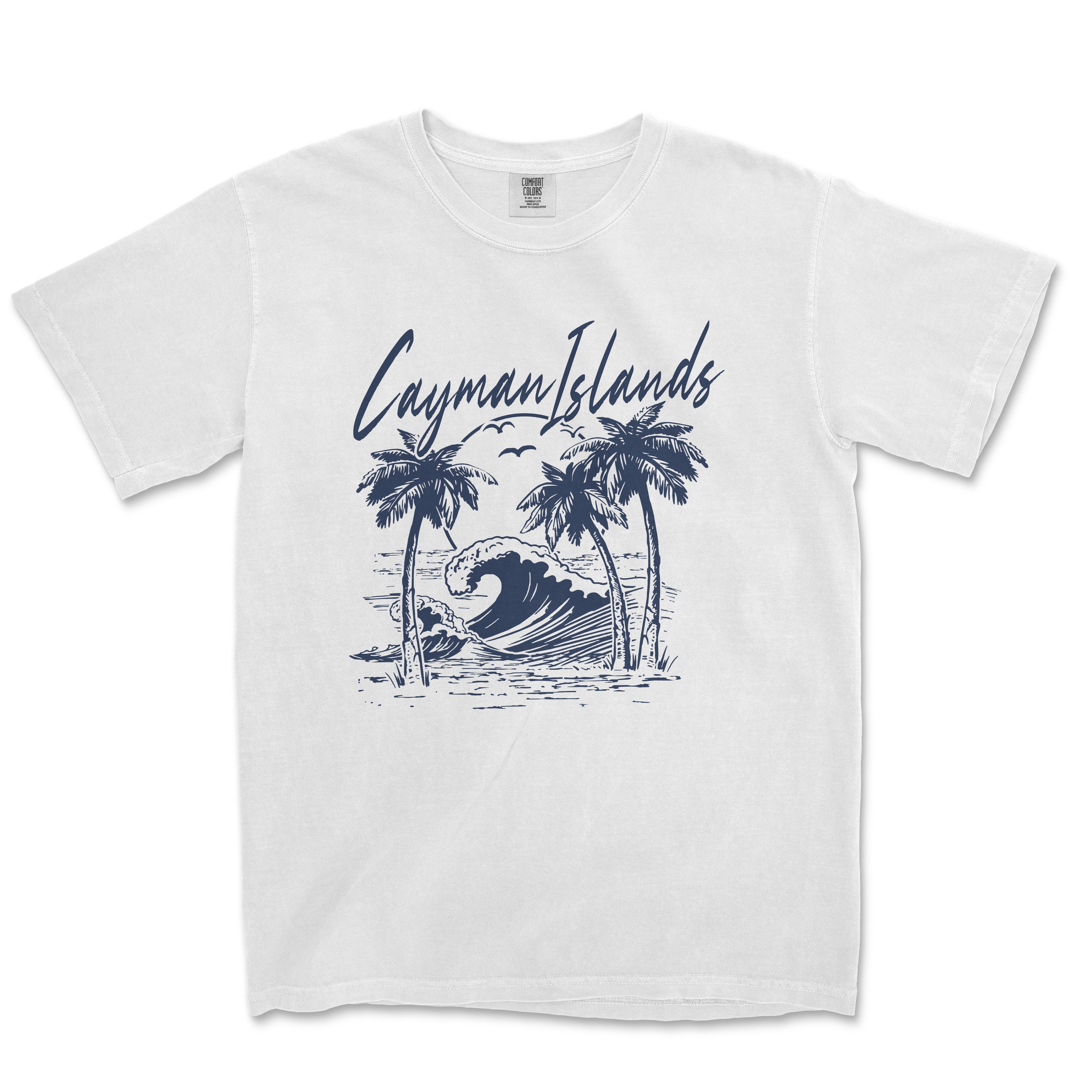 a white t - shirt with a graphic of a wave and palm trees