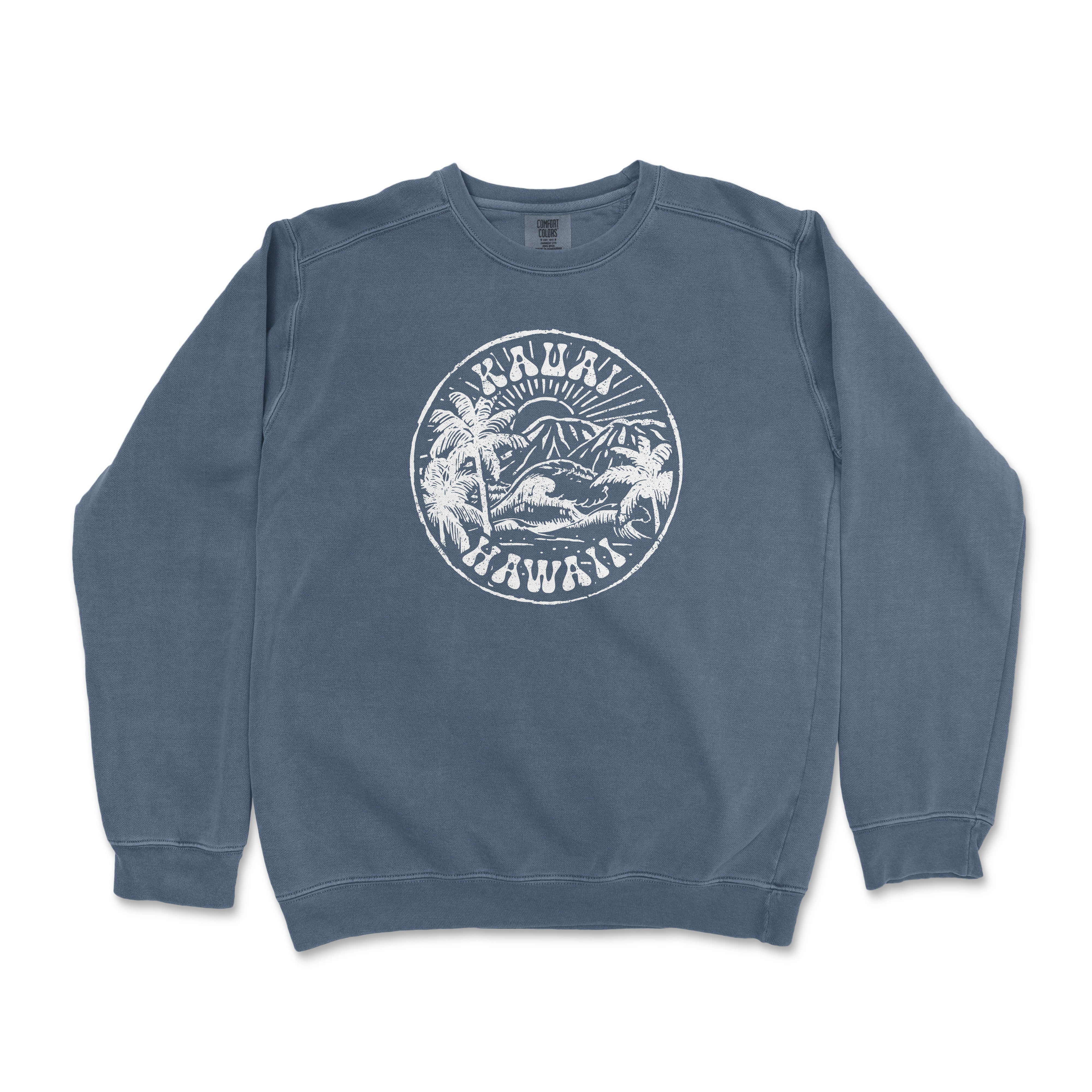 a blue sweatshirt with a white seal on it