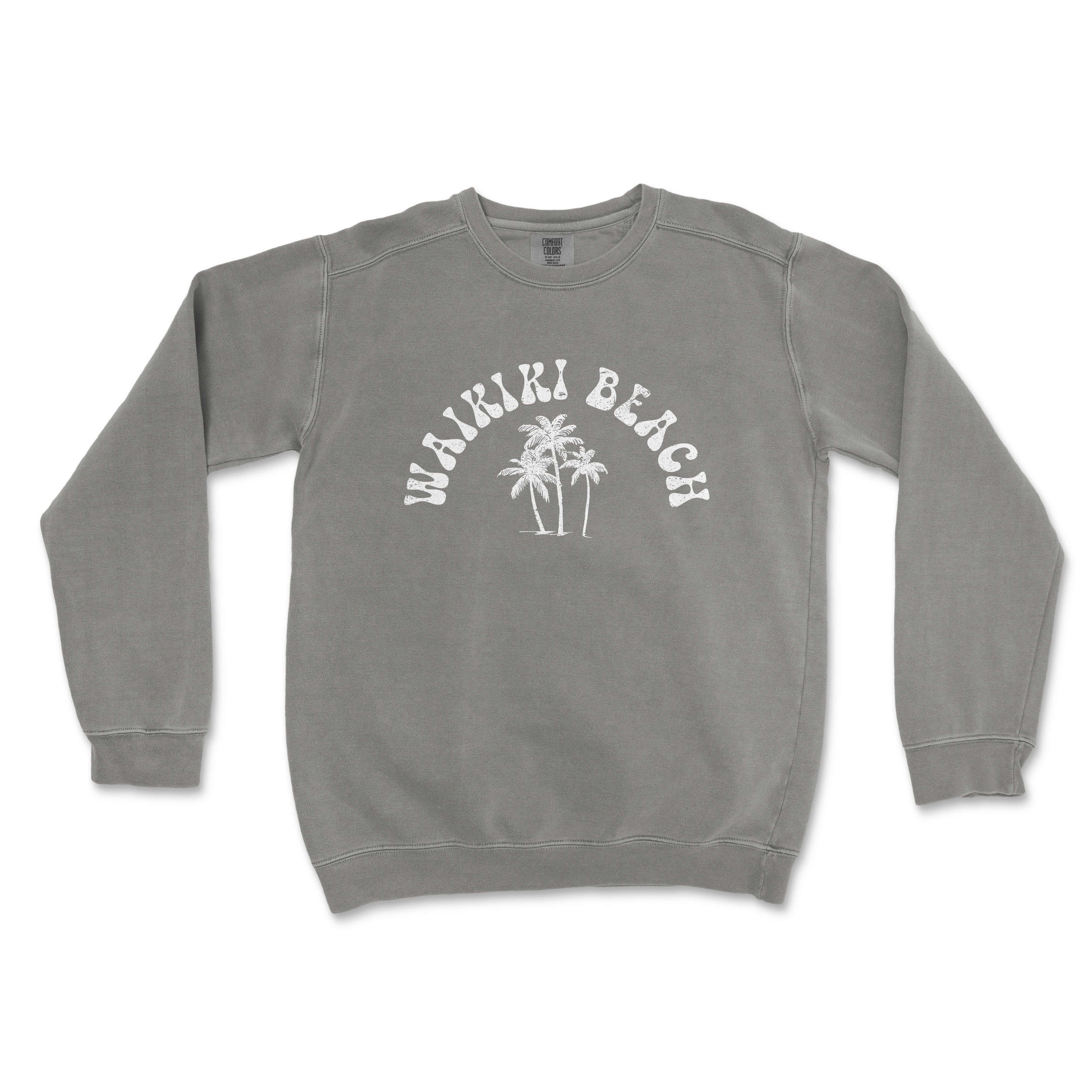 a gray sweatshirt with a palm tree on it