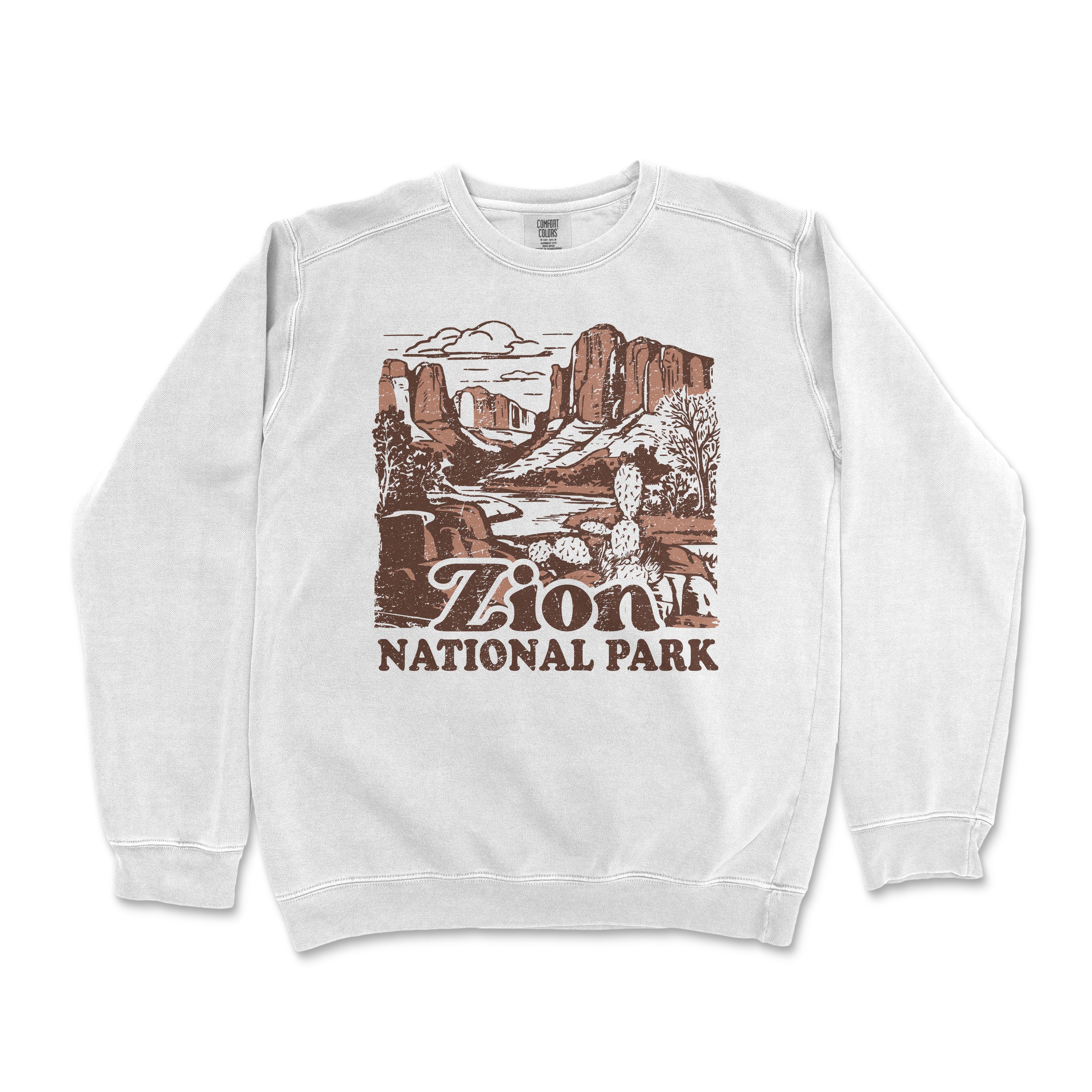 a white sweatshirt with a picture of the national park