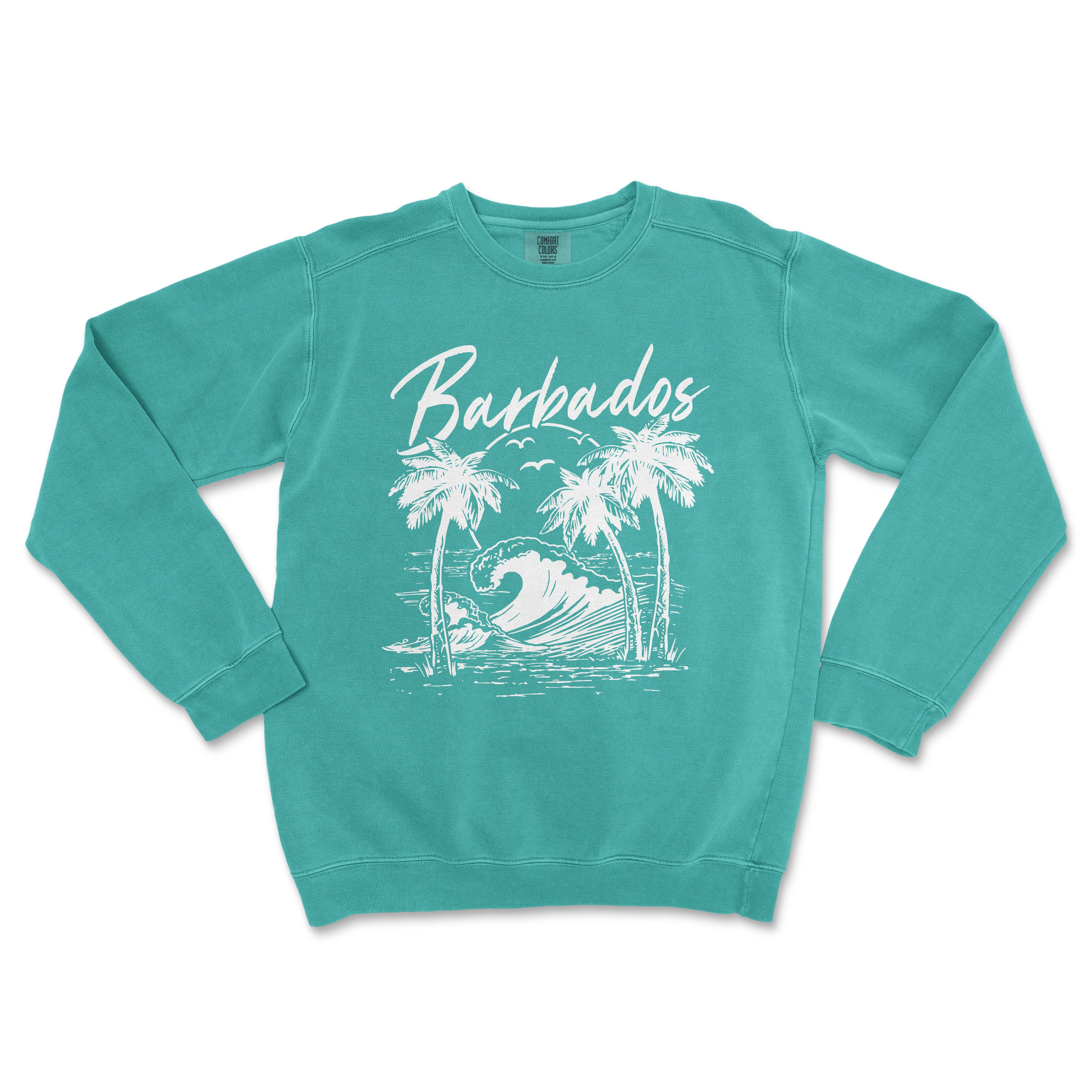 a turquoise sweatshirt with the words barbados on it