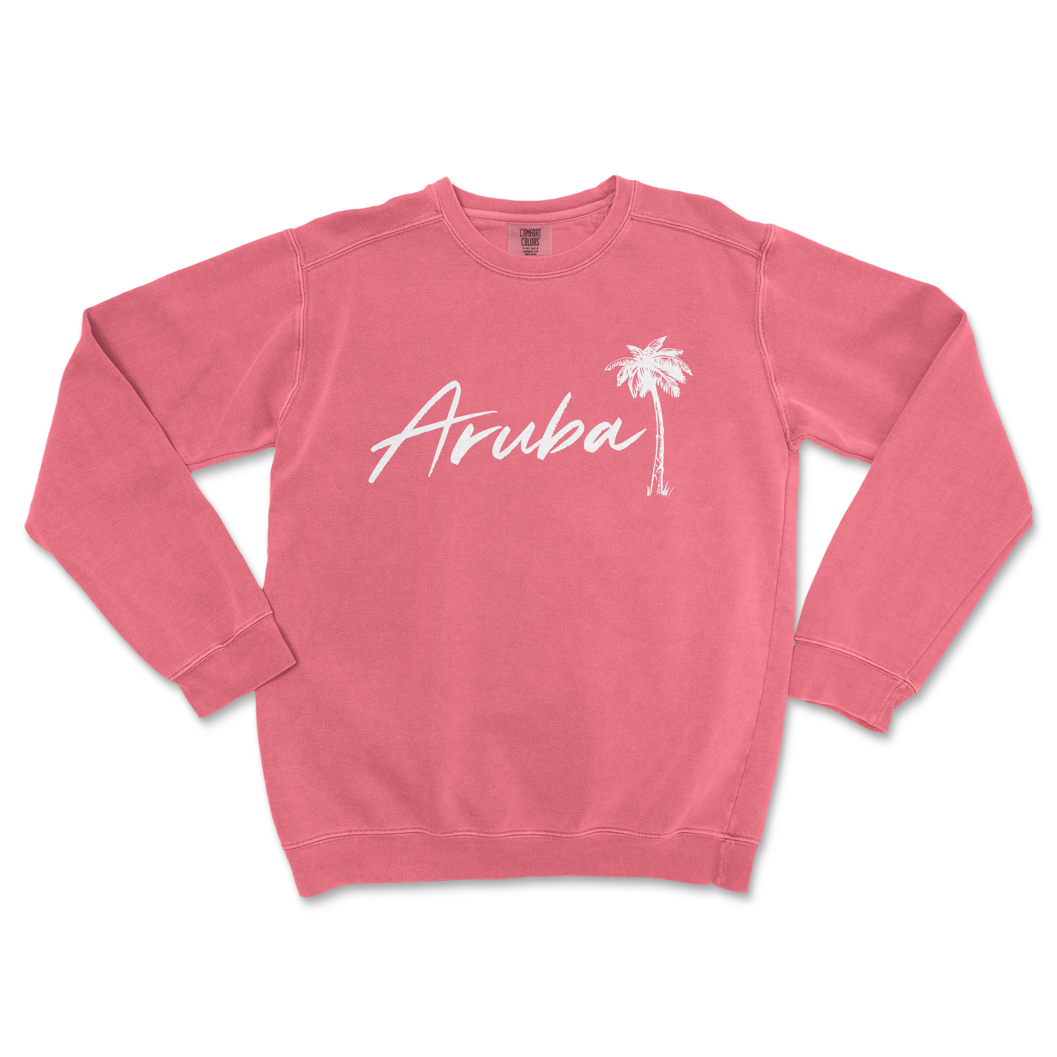 a pink sweatshirt with the word aruba written in white