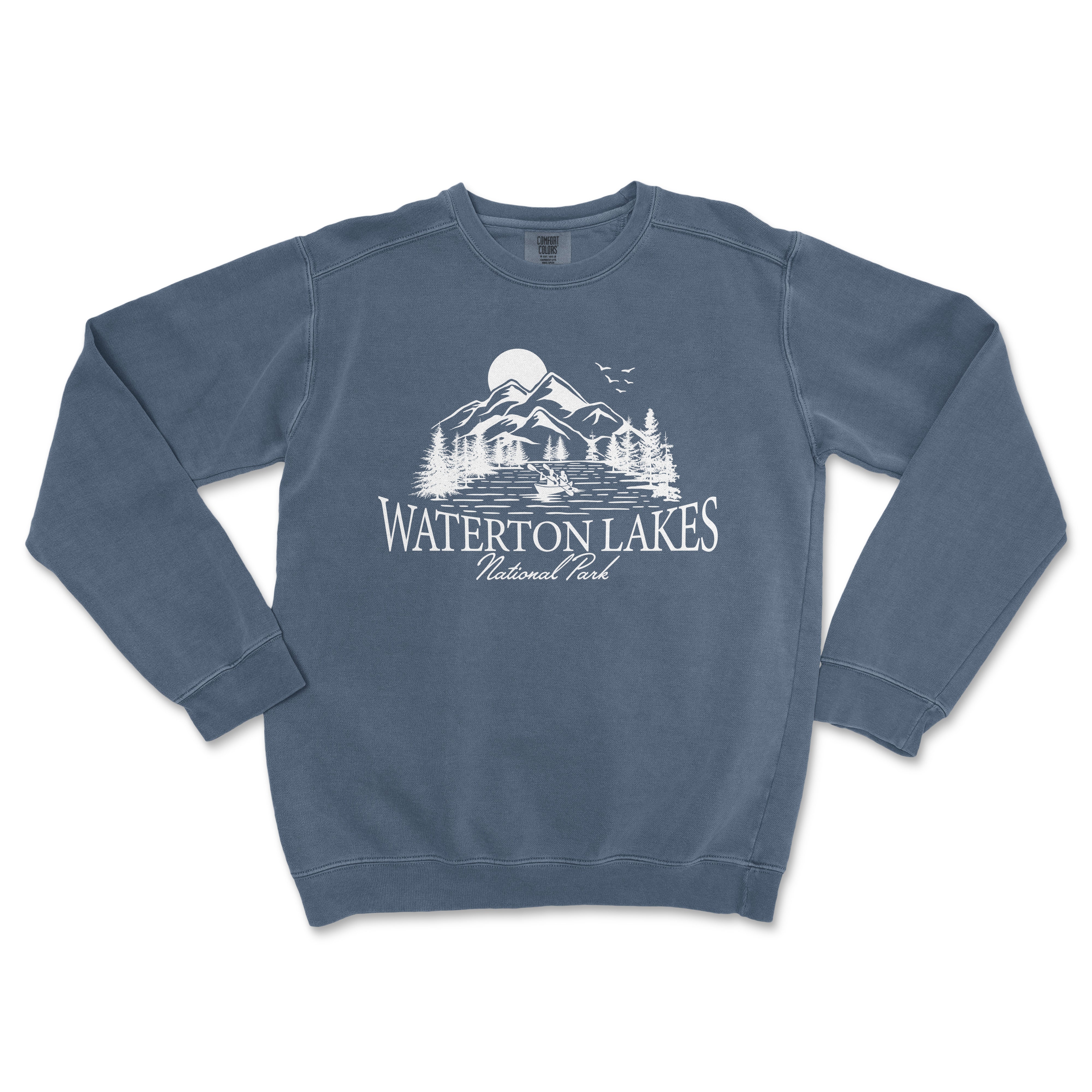 a blue sweatshirt with the waterton lakes logo on it