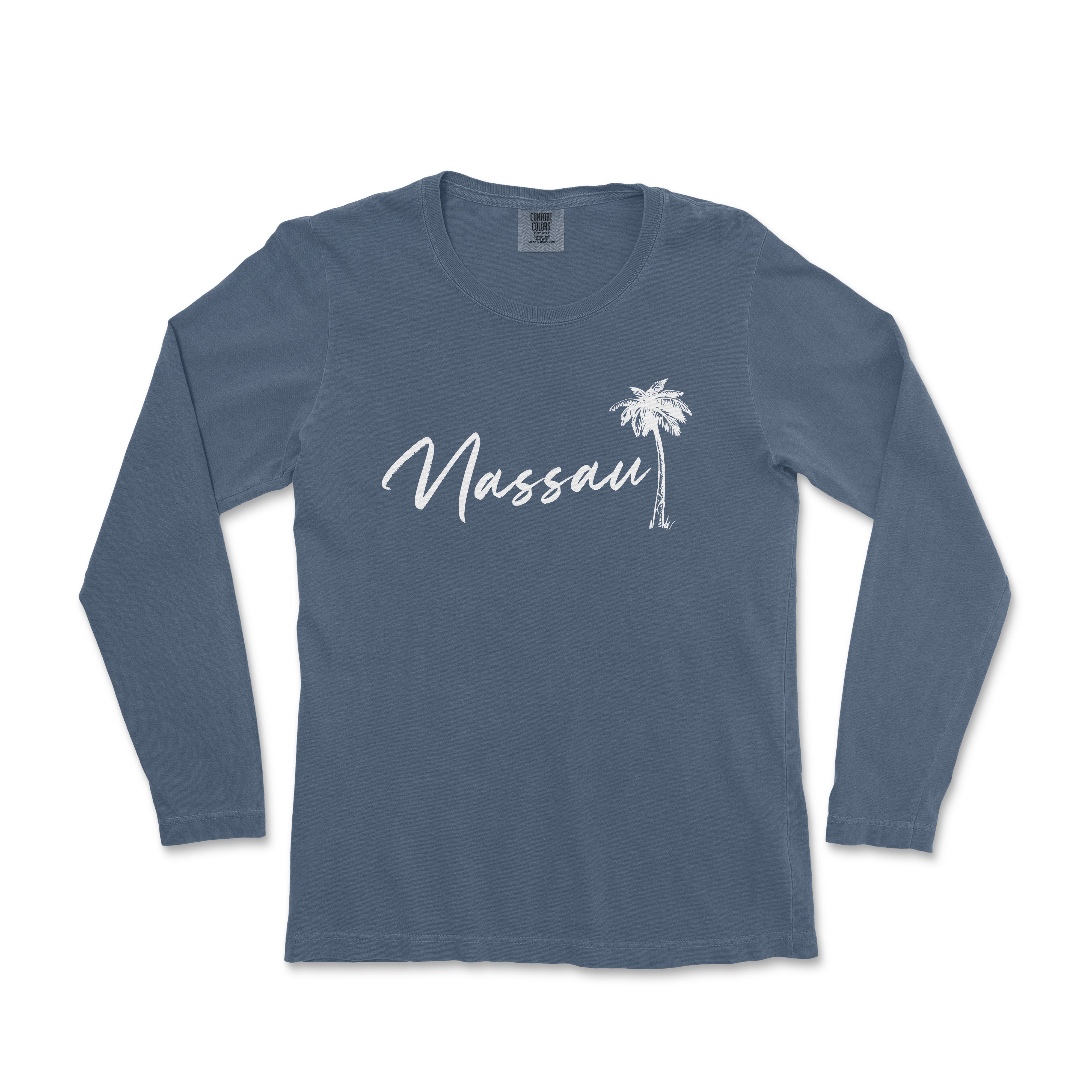 a women's long sleeve shirt with a palm tree and the word massu