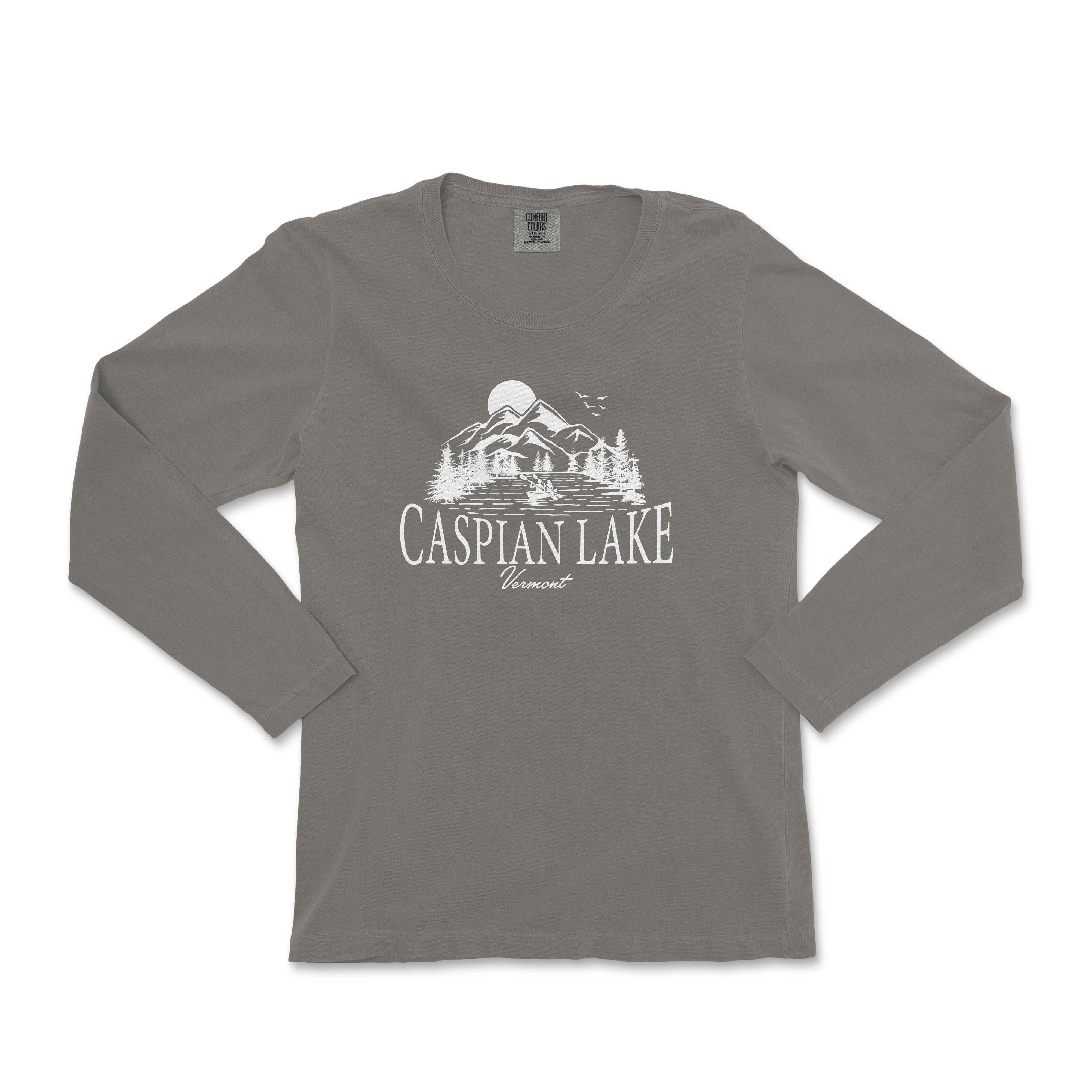 a gray long sleeve shirt with the words caspan lake on it