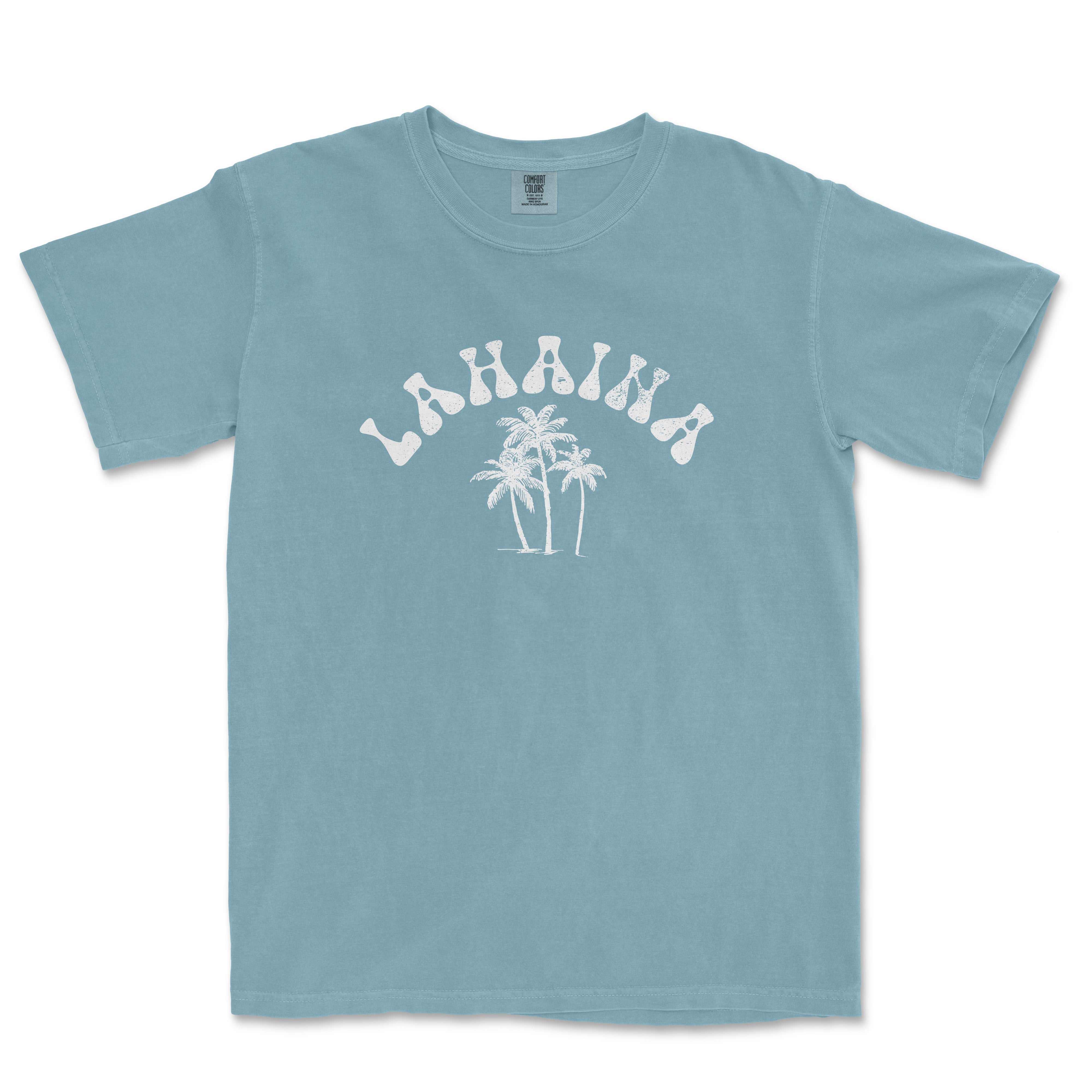 a light blue shirt with a white print of a palm tree and the word,