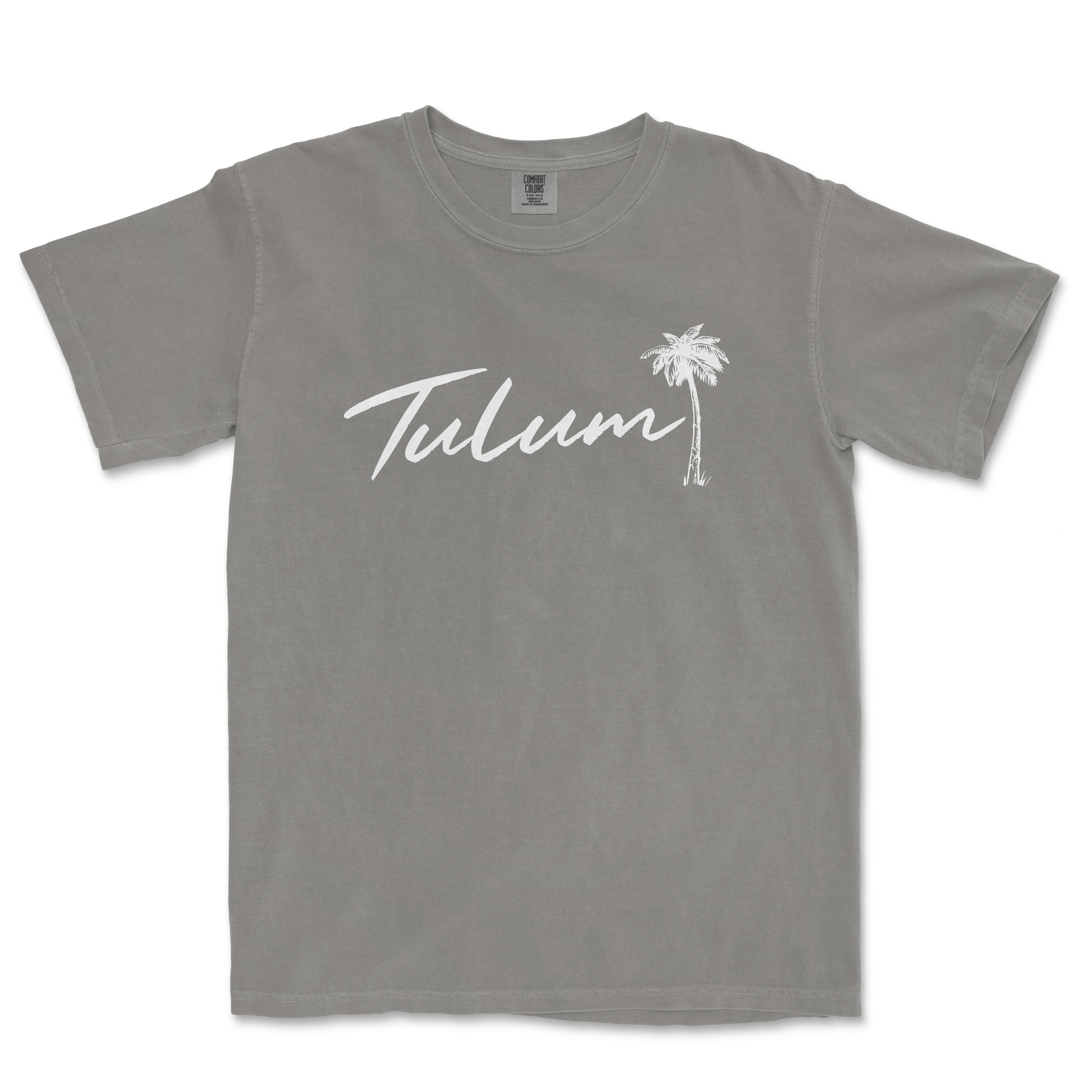 a gray t - shirt with the word tulum written in white