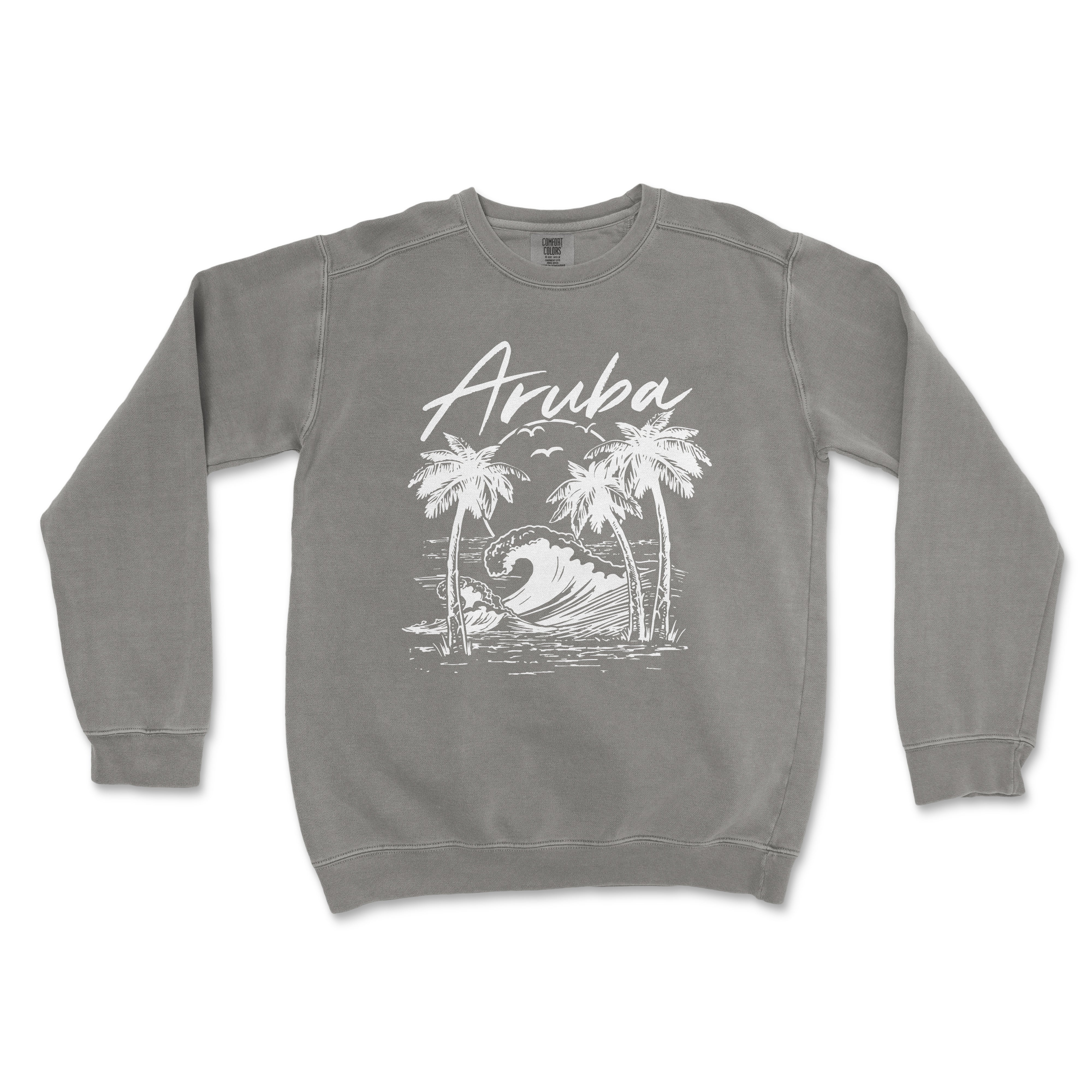 a sweatshirt with an image of a wave and palm trees