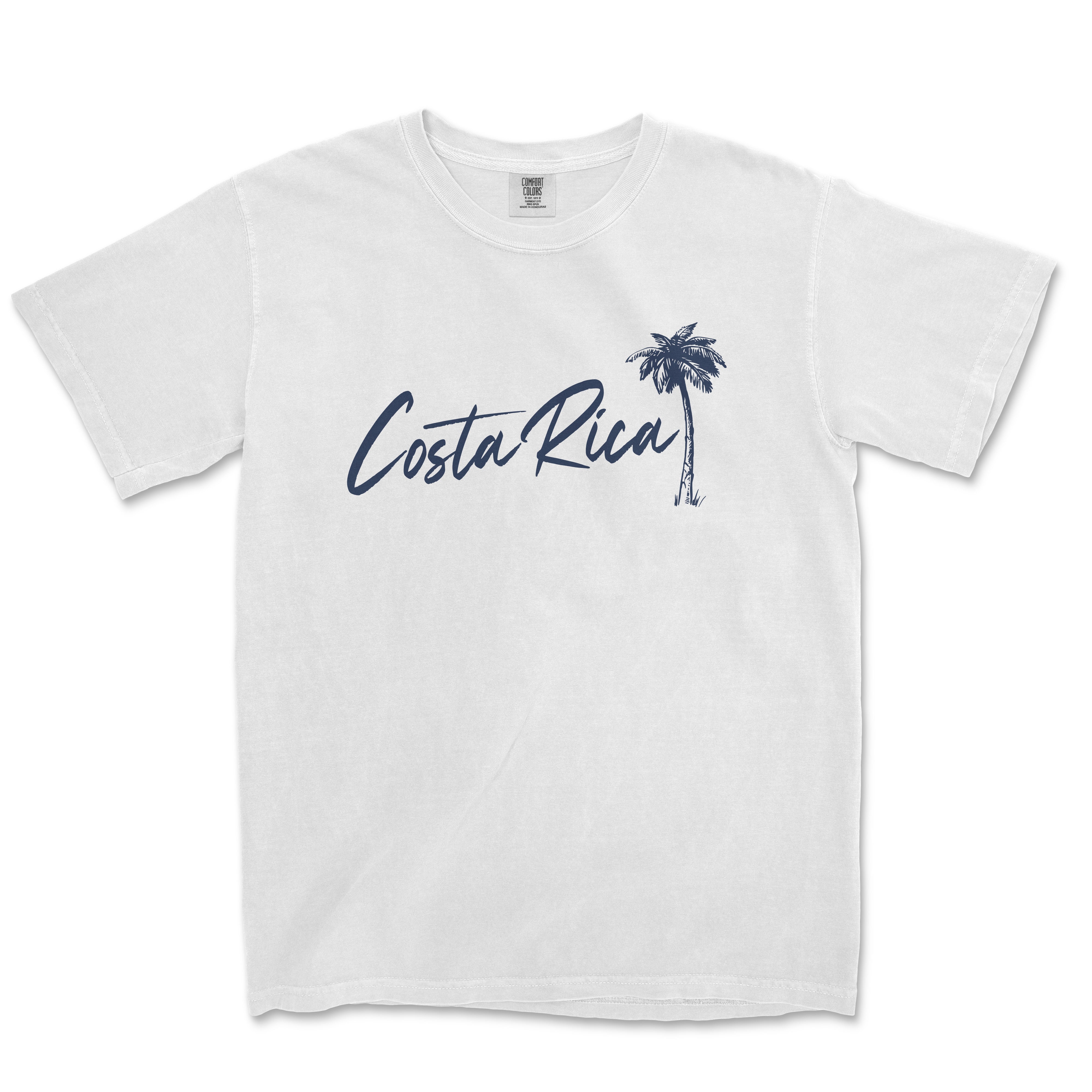 a white t - shirt with a palm tree and the word costa rica in blue