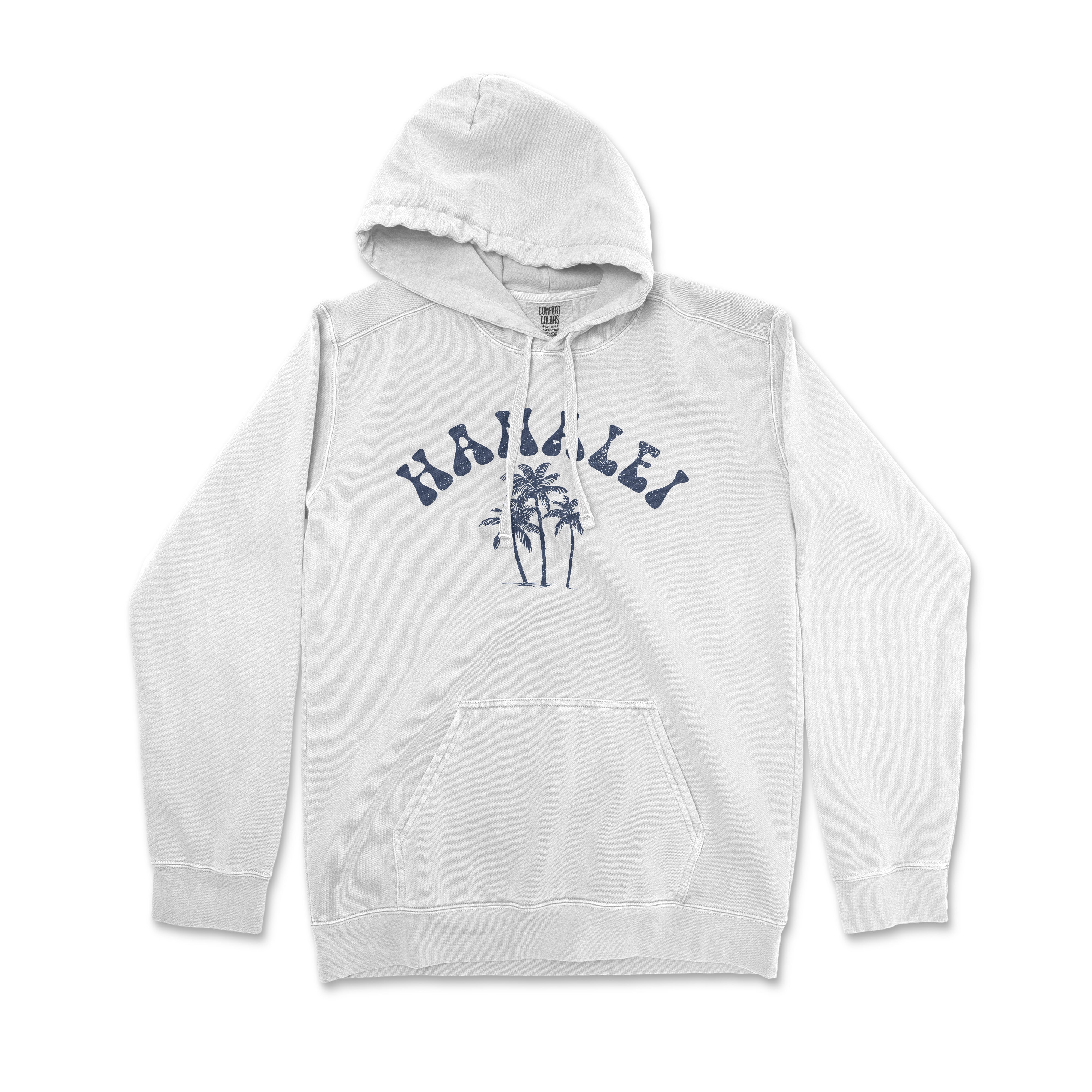 a white hoodie with a palm tree on it