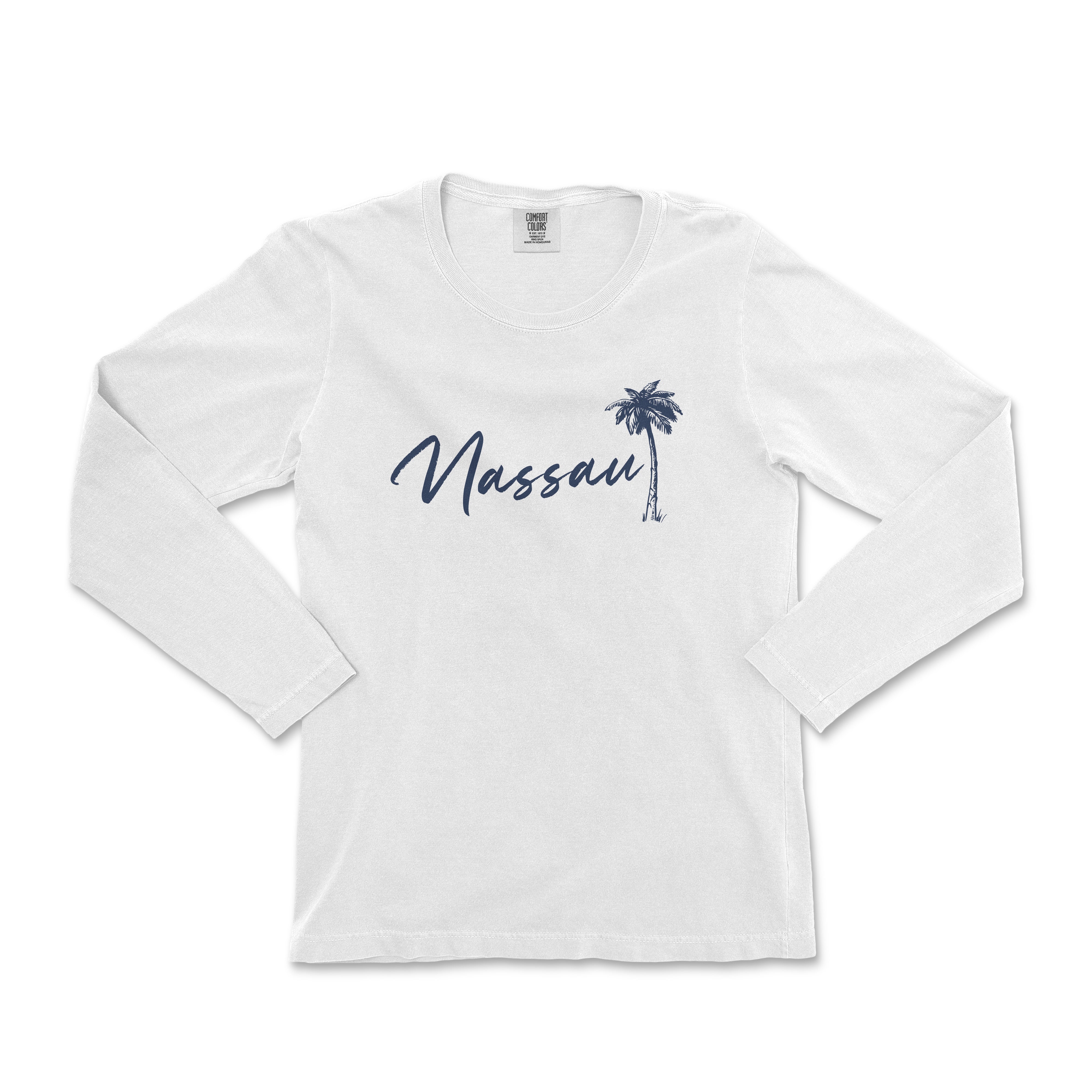 a white long sleeve shirt with a palm tree on the front