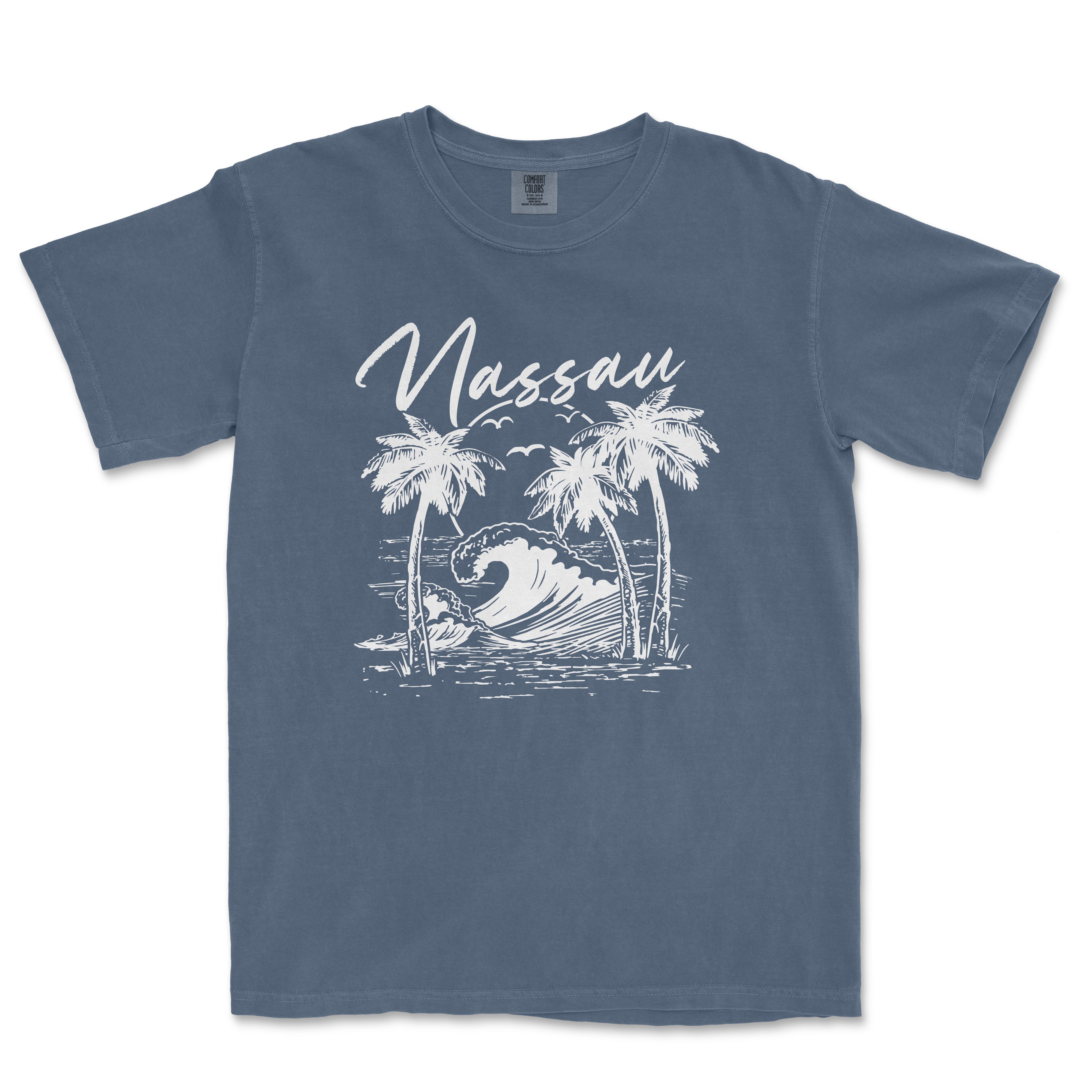 a blue t - shirt with a picture of a wave and palm trees