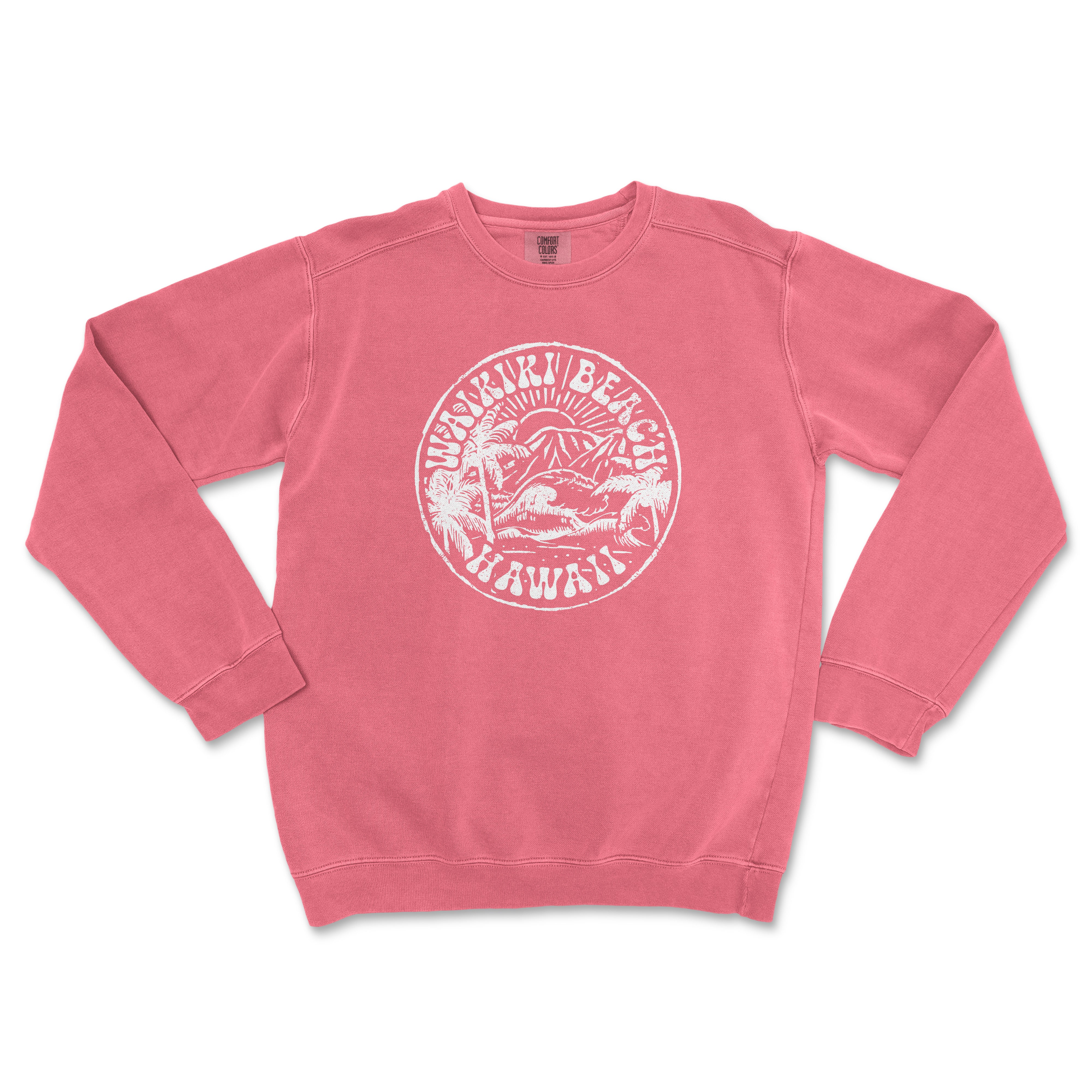 a pink sweatshirt with a white seal on it