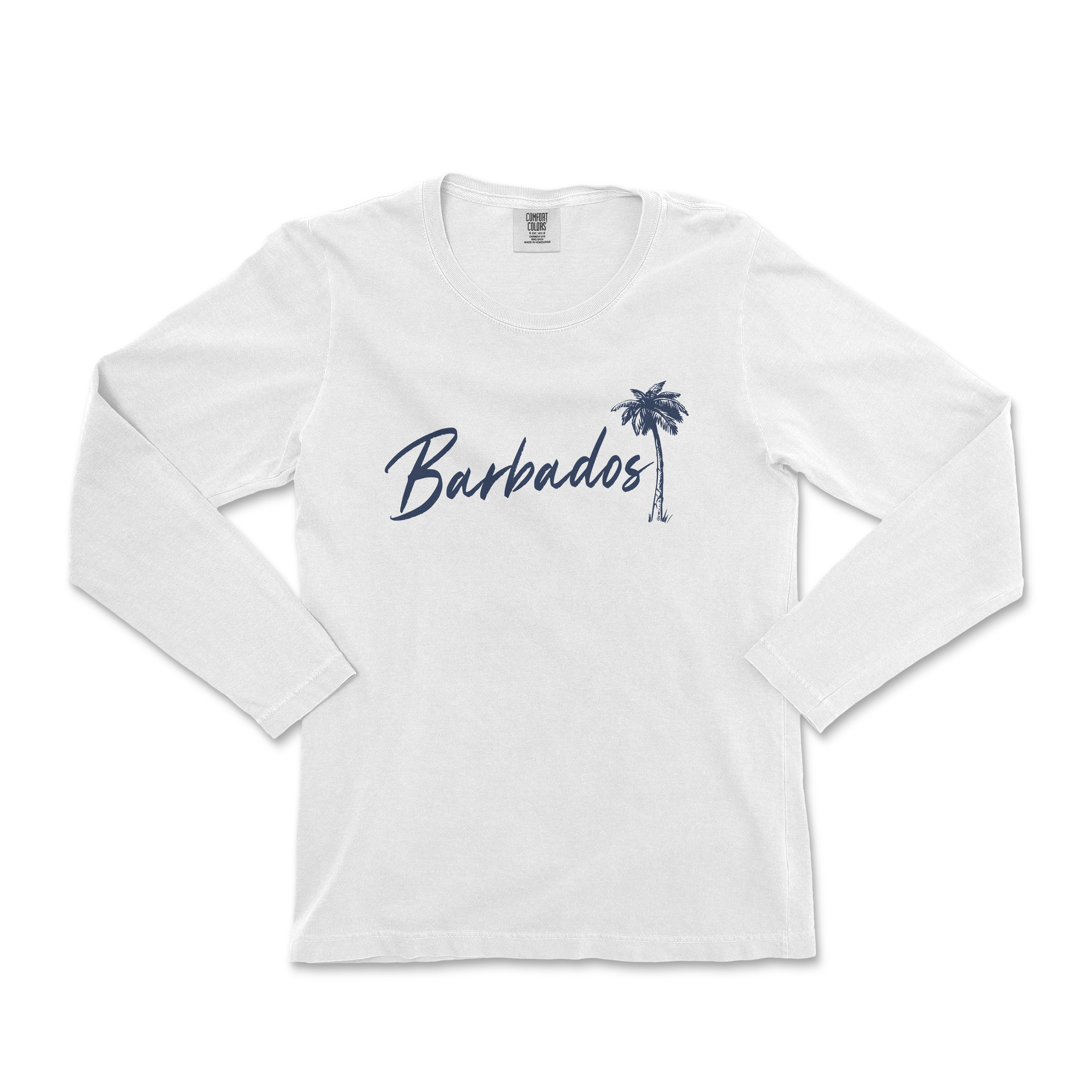 a white shirt with a palm tree in the background