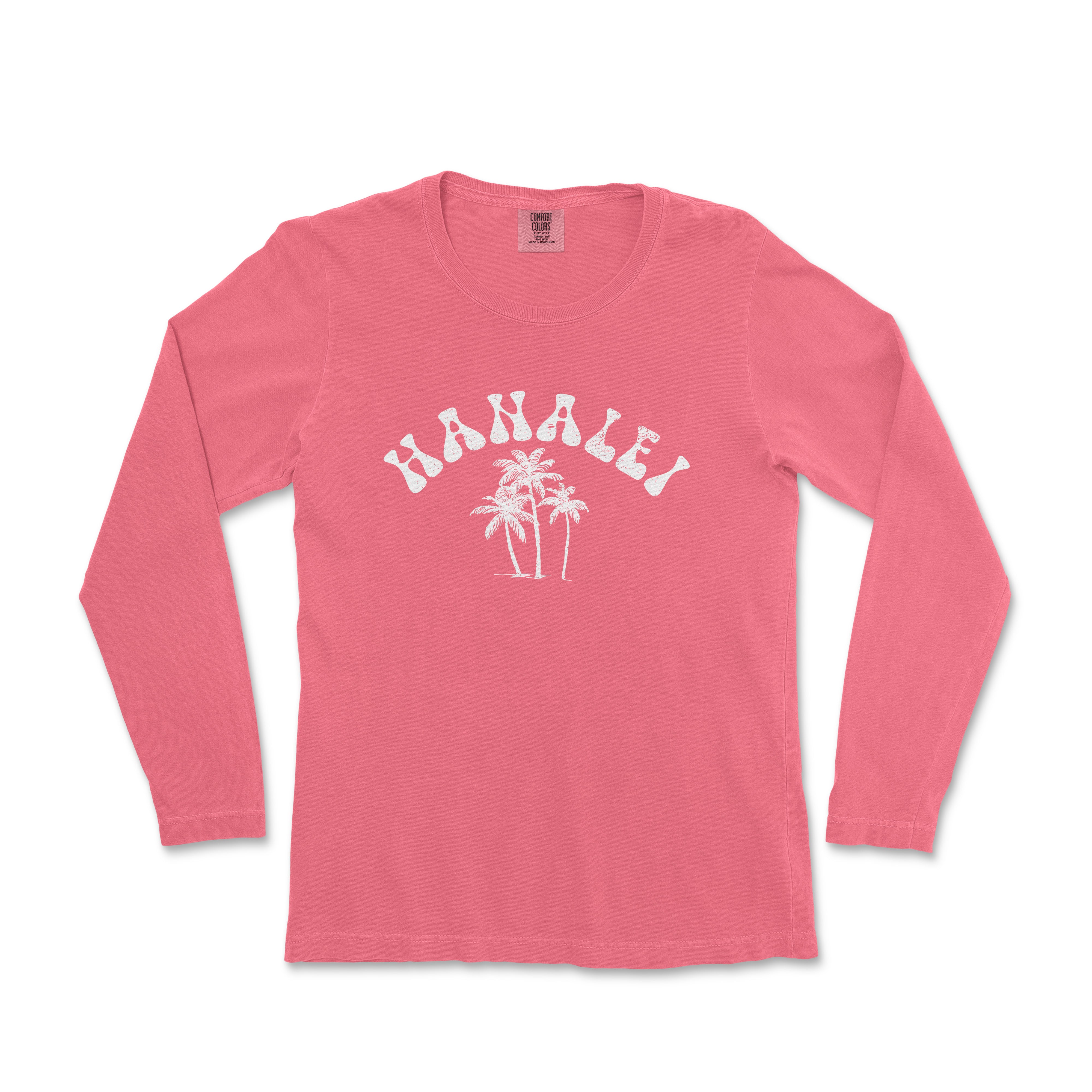 a pink long sleeve shirt with a palm tree on the front