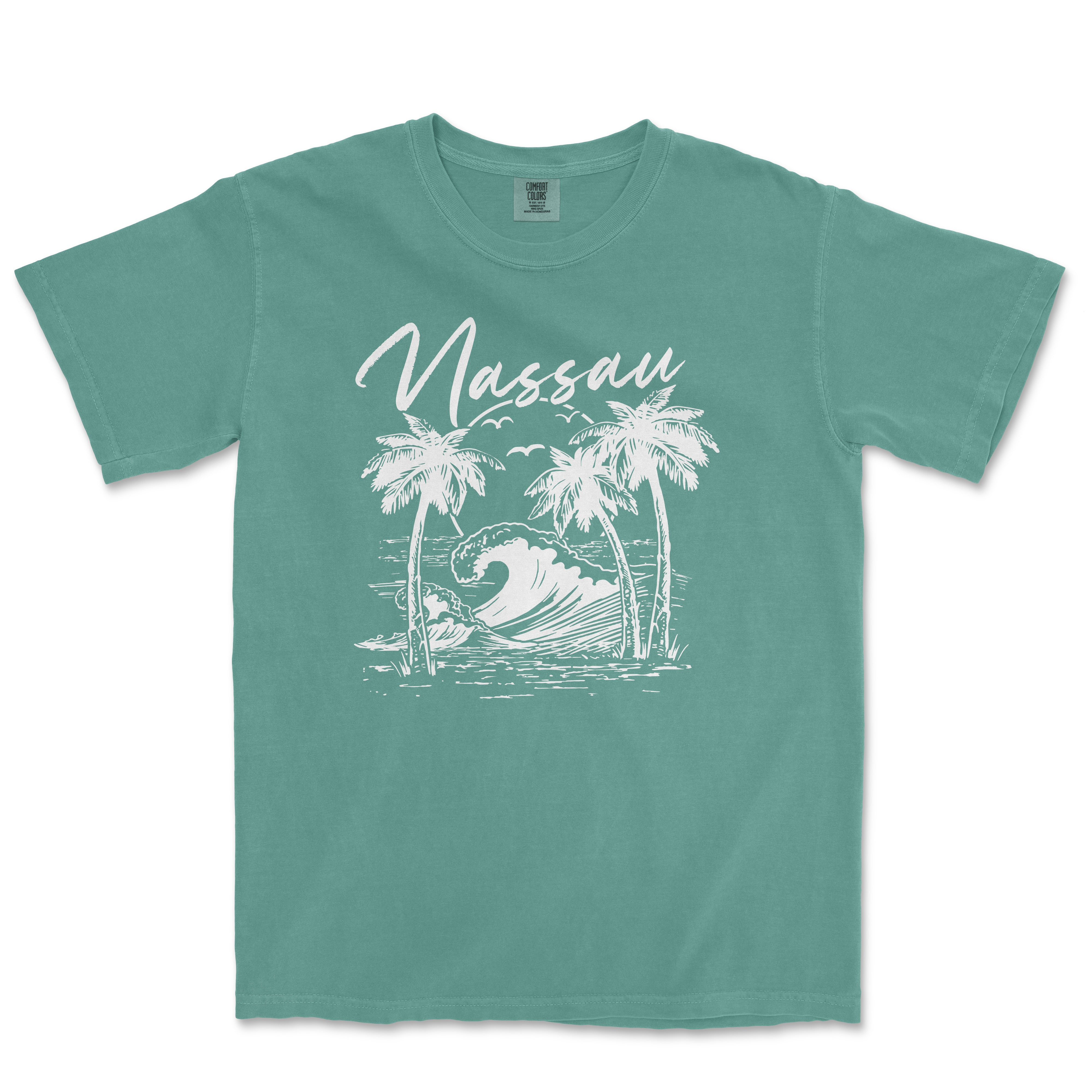 a t - shirt with a picture of a wave and palm trees