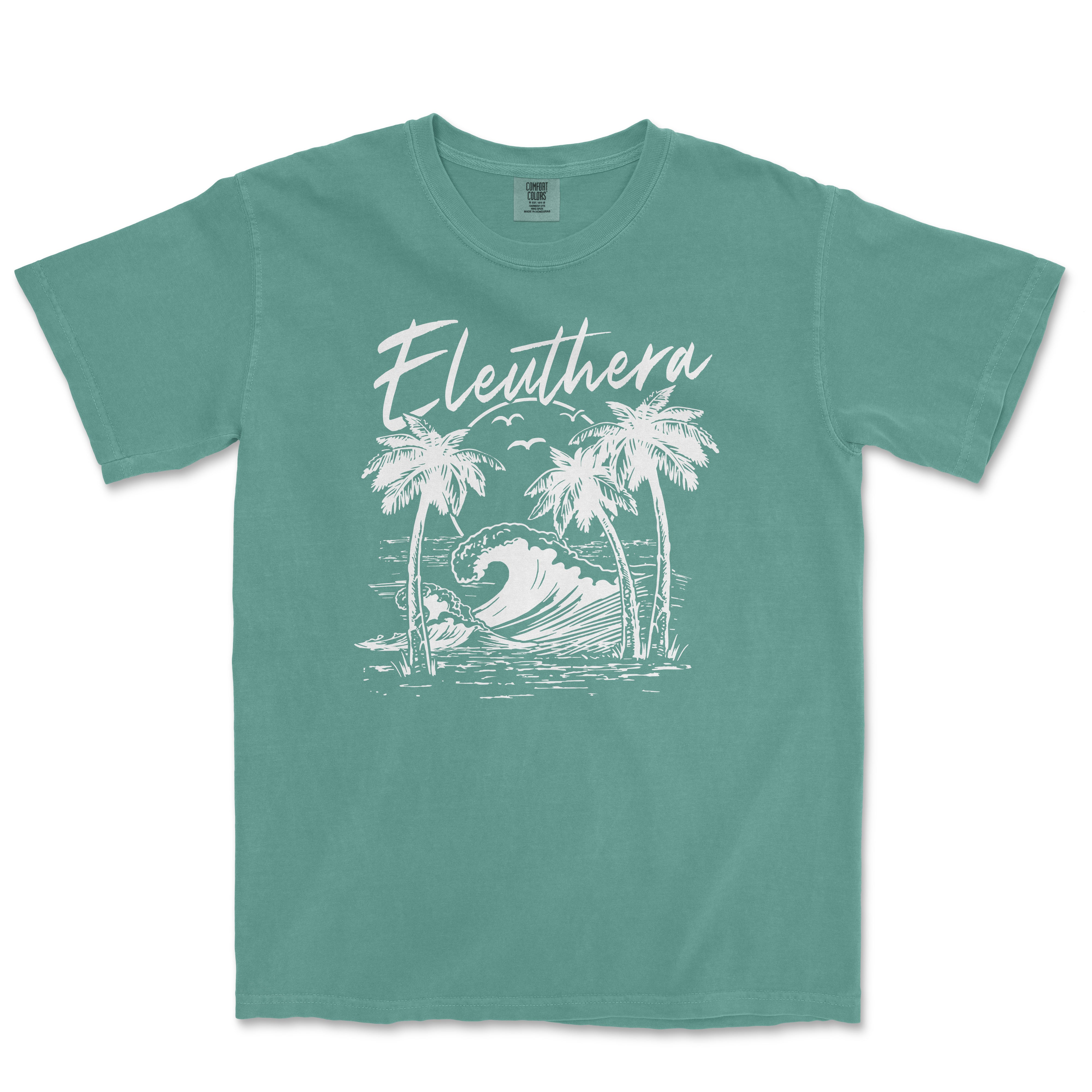 a t - shirt with a picture of a wave and palm trees