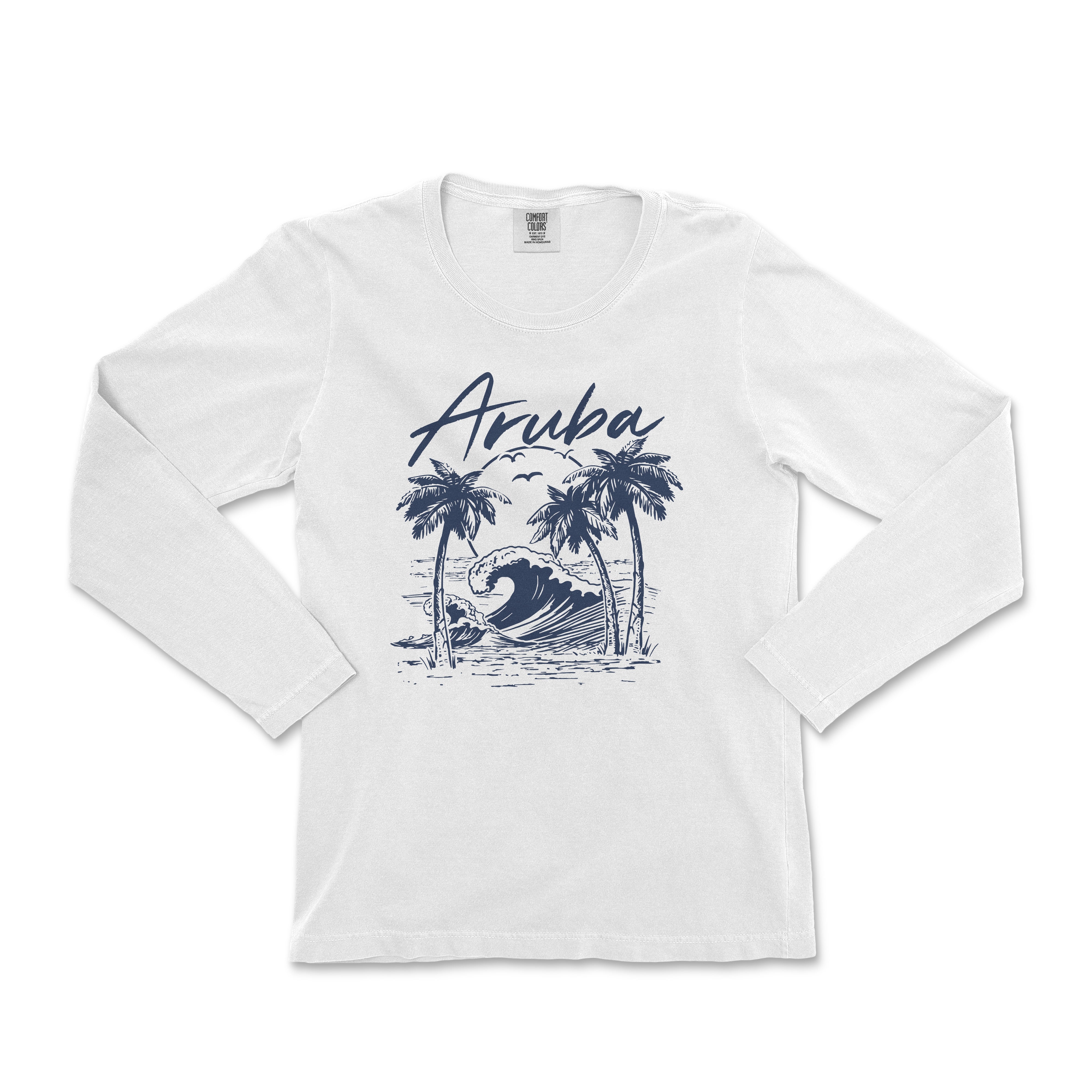 a white long sleeve shirt with an image of a surfer riding a wave