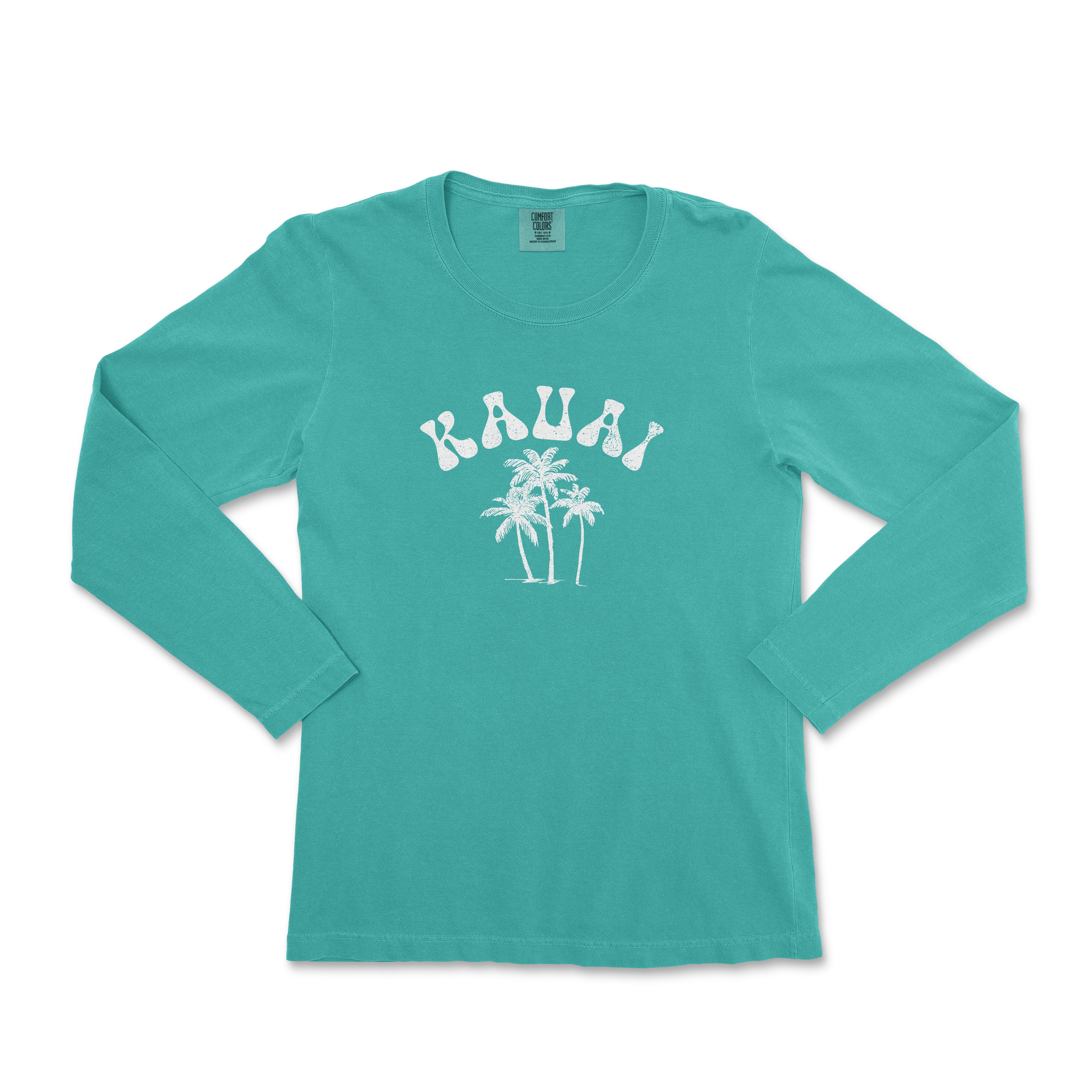 a women's turquoise long sleeve shirt with palm trees