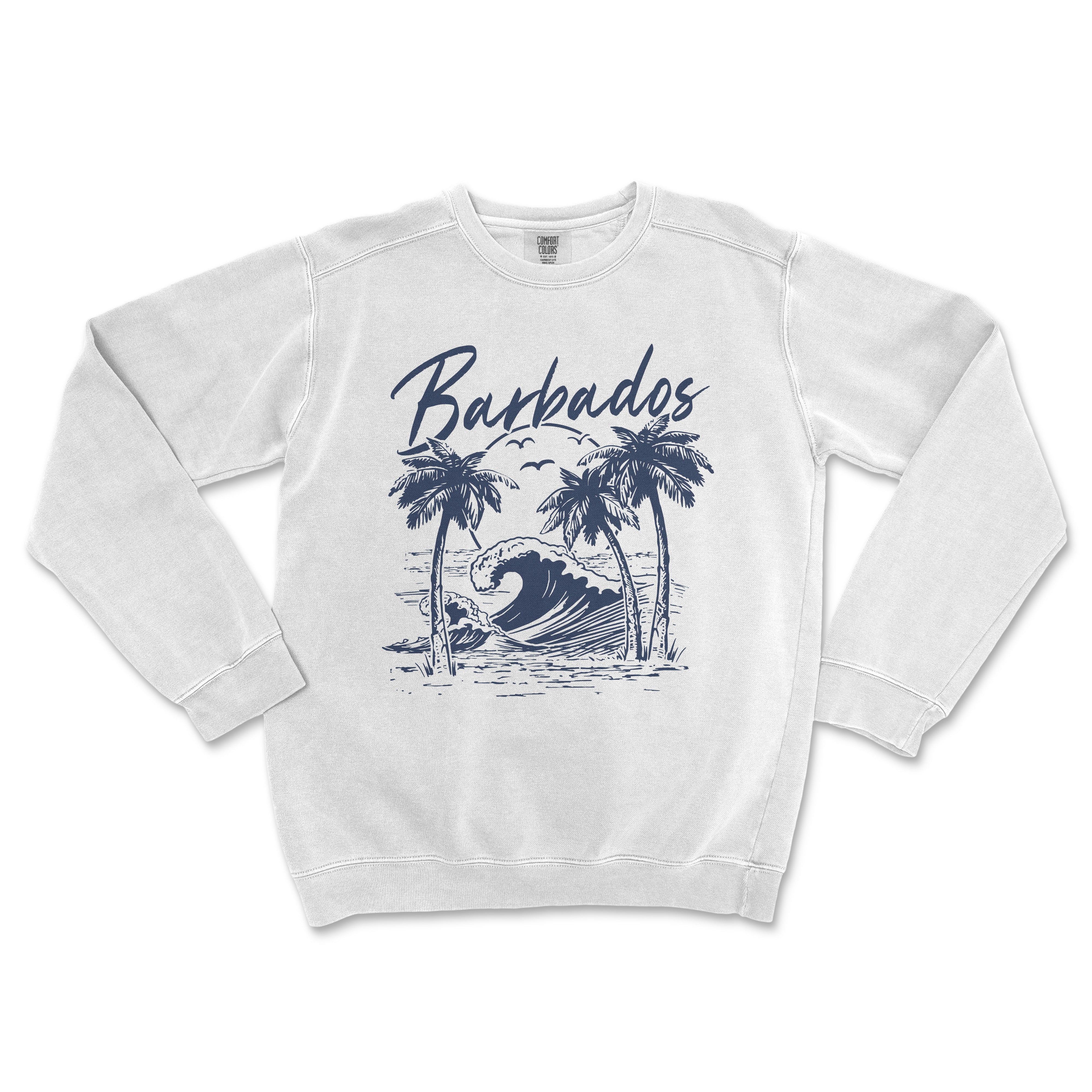 a white sweatshirt with a picture of a wave and palm trees