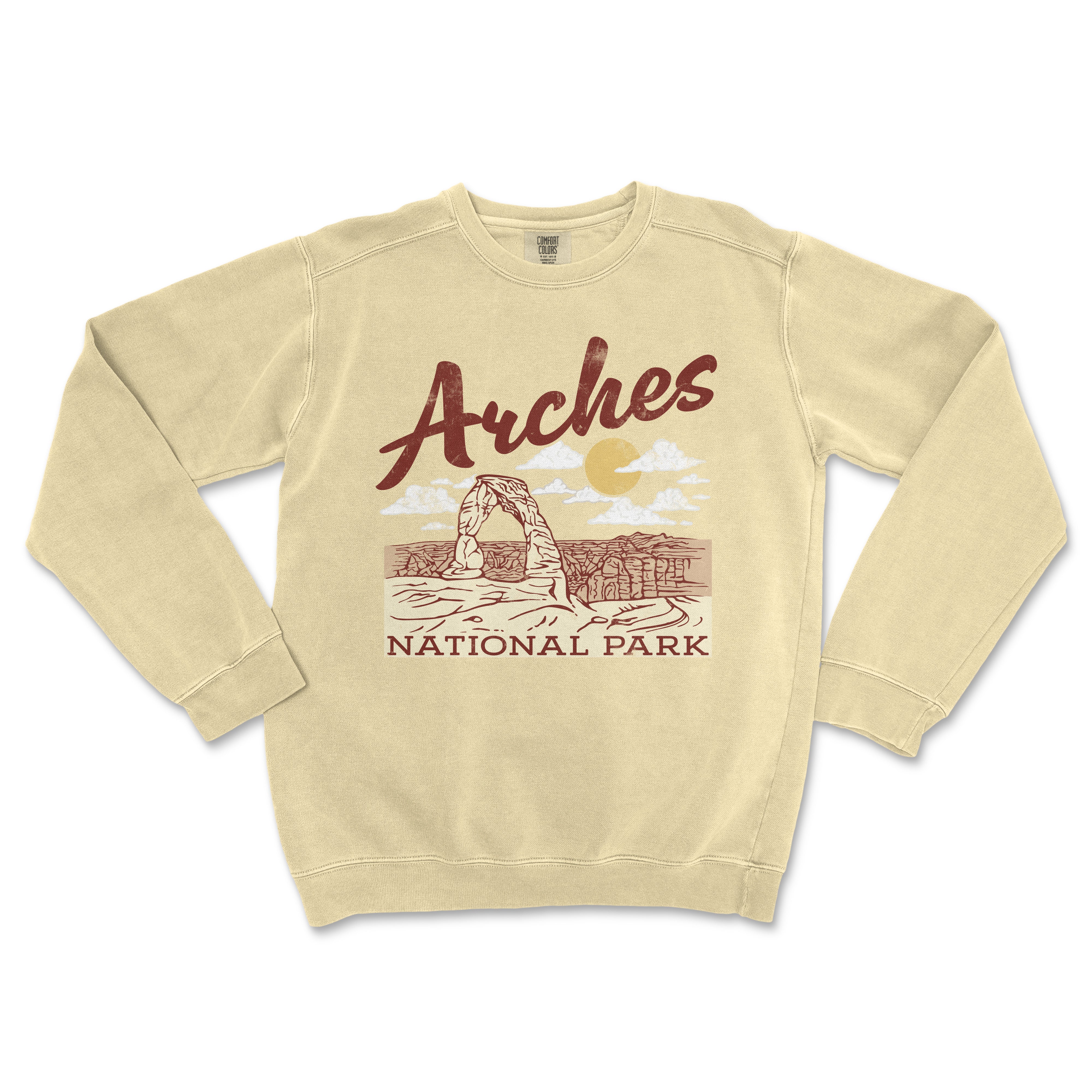 a cream sweatshirt with arches national park on it