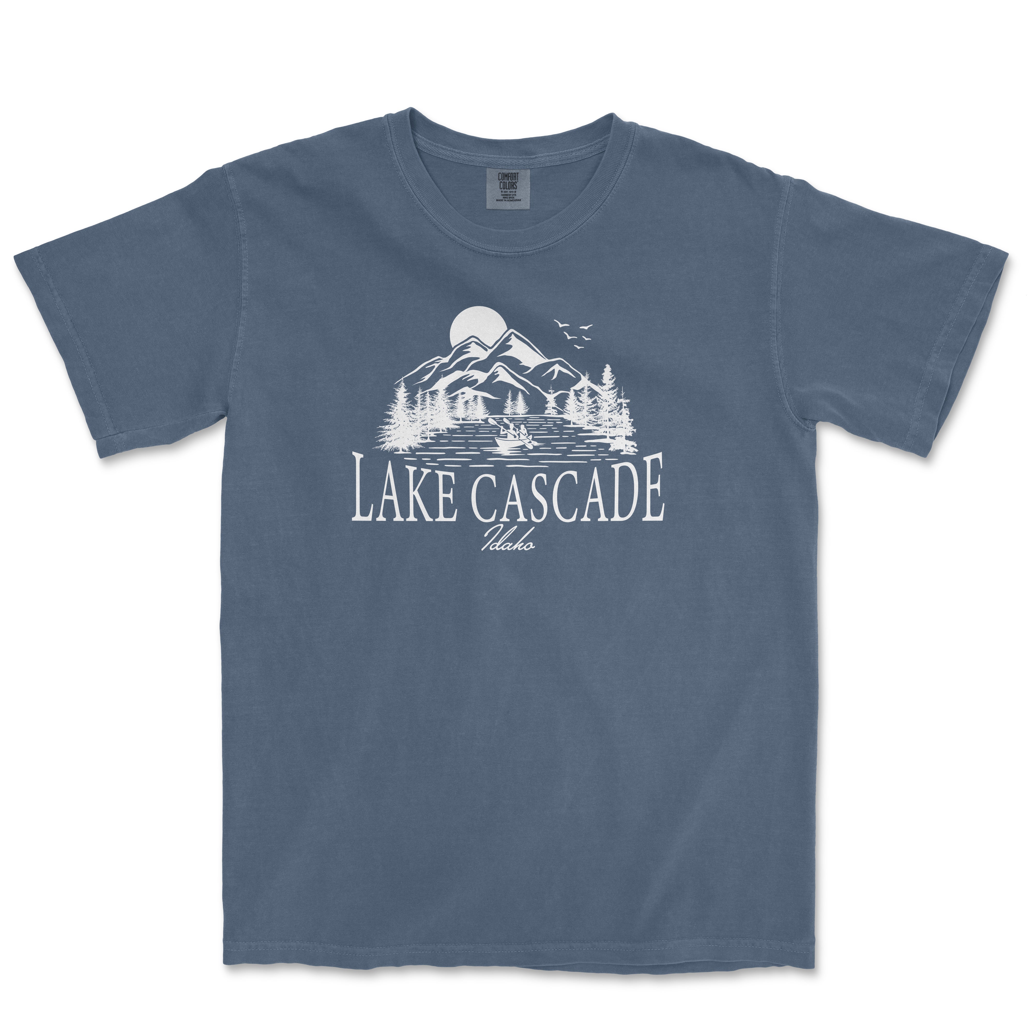 a blue lake cascade t - shirt on a white background