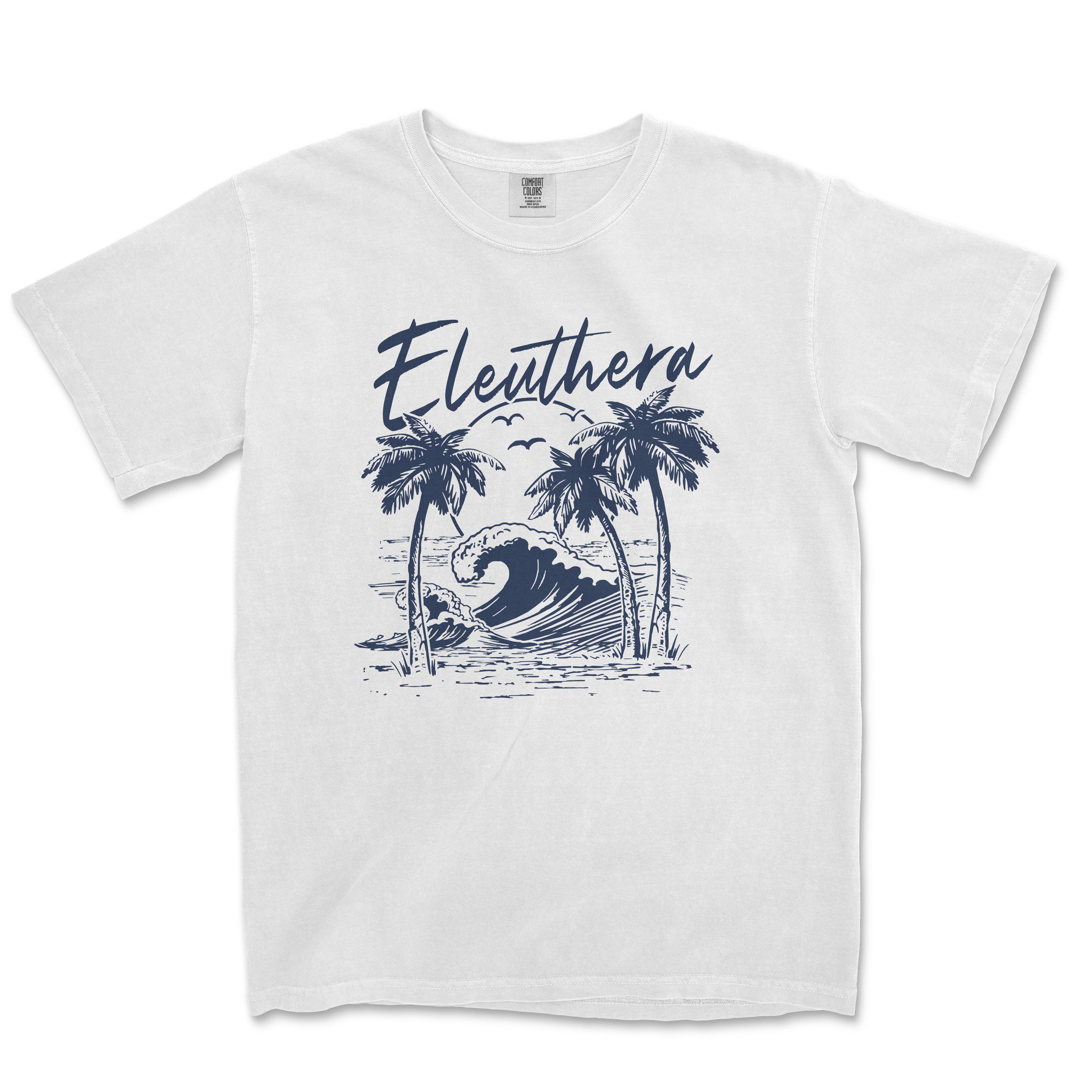 a white t - shirt with an image of a wave and palm trees