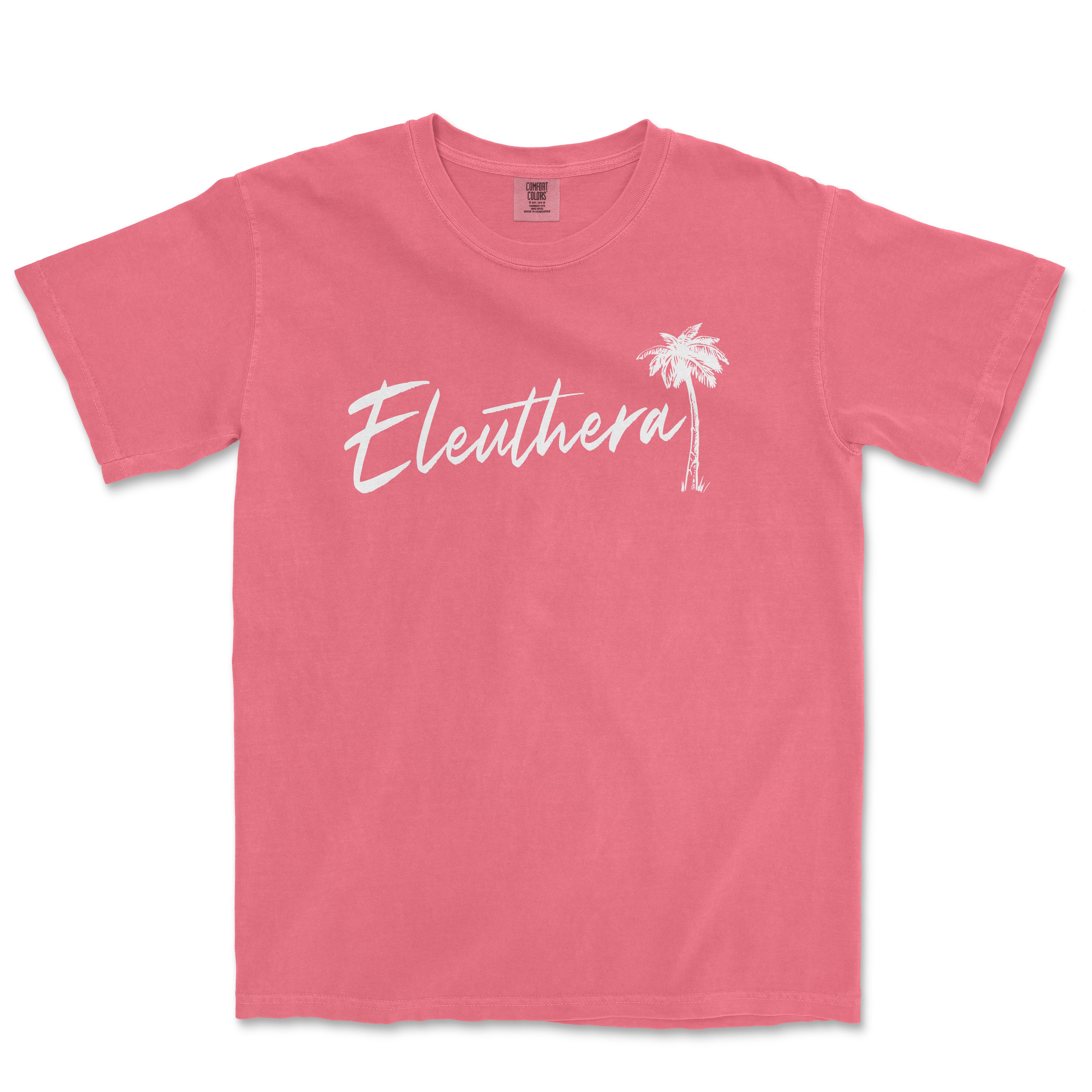 a pink t - shirt with a palm tree and the word elethhern