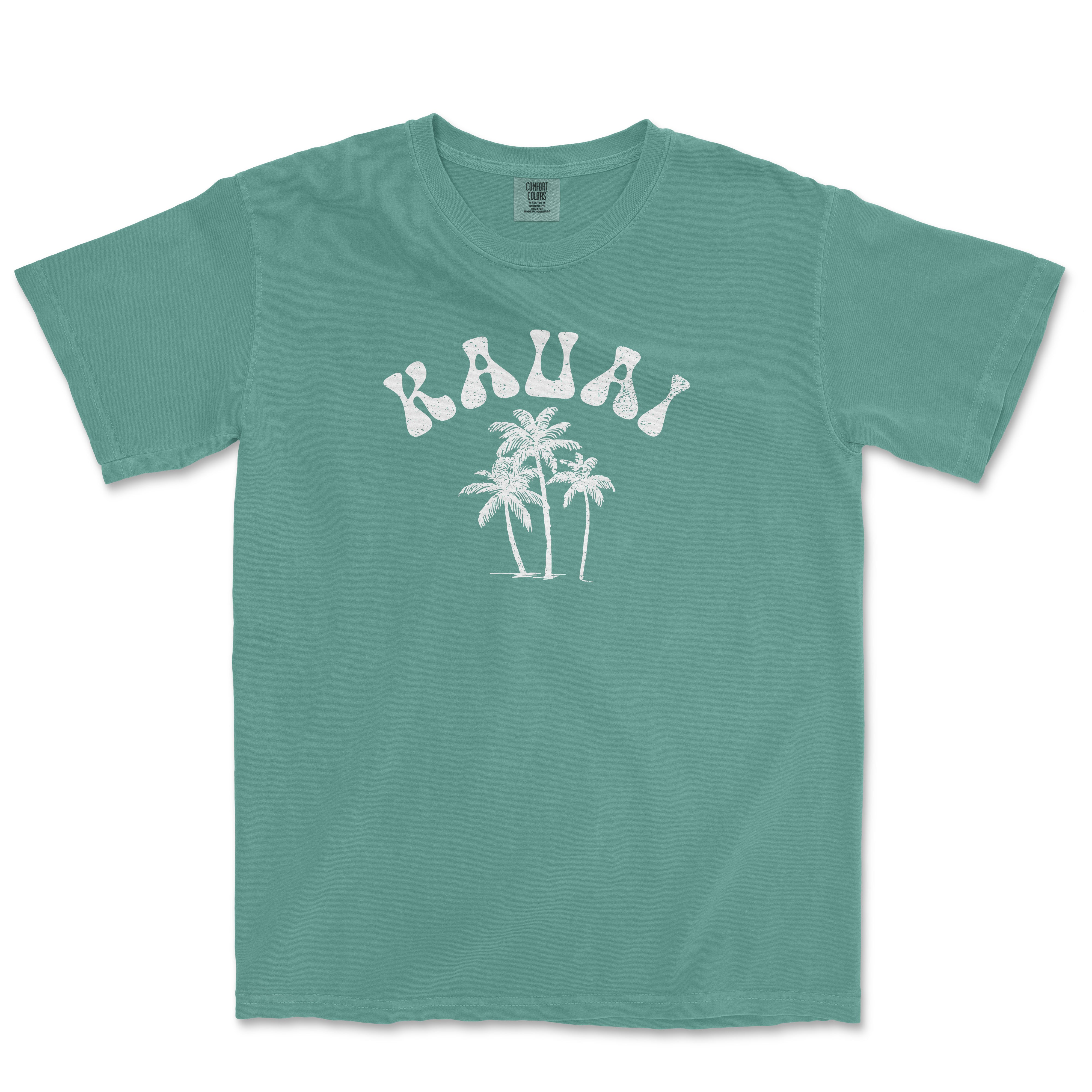 a green t - shirt with a palm tree and the word raua on it