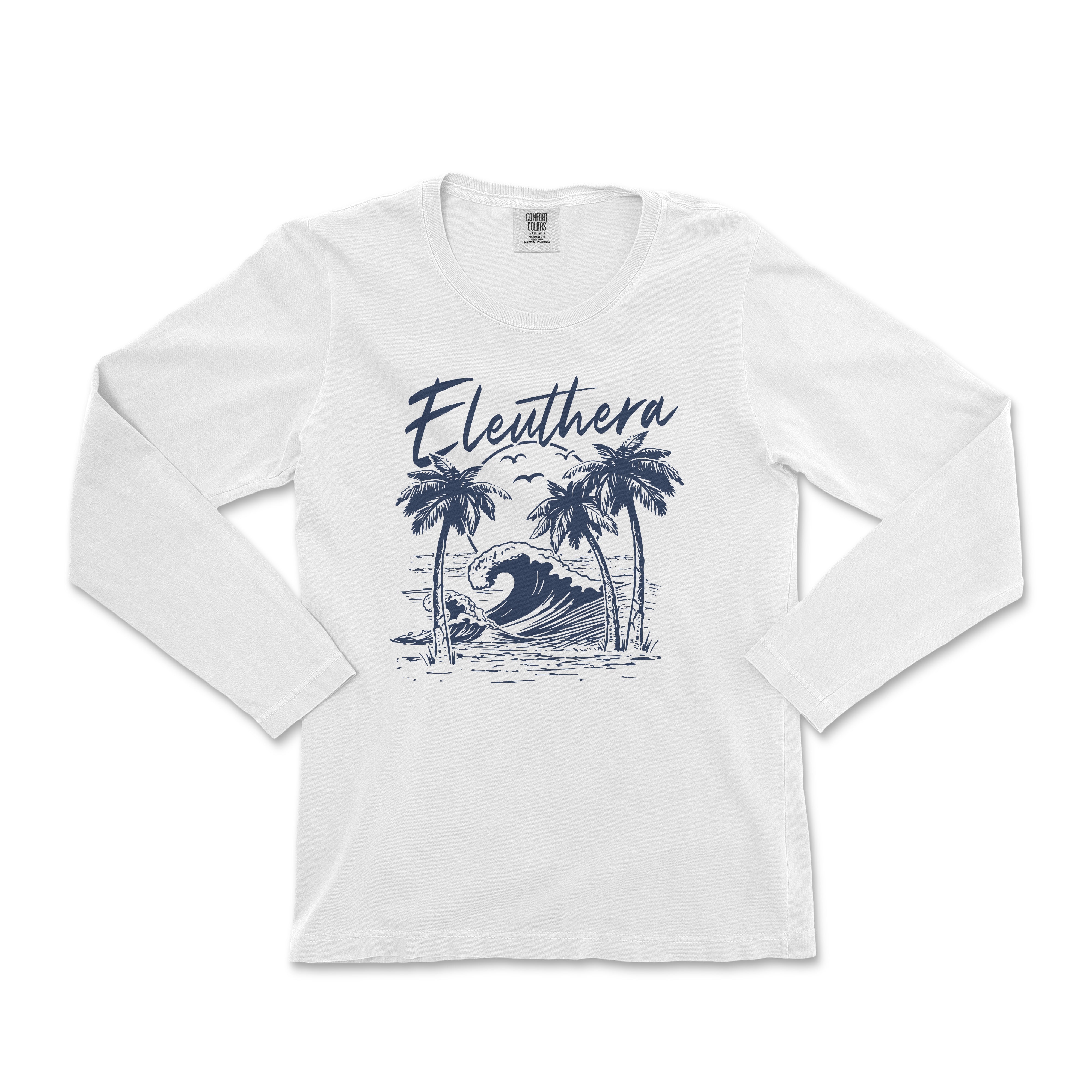 a white long - sleeved shirt with the words eleuthera on it