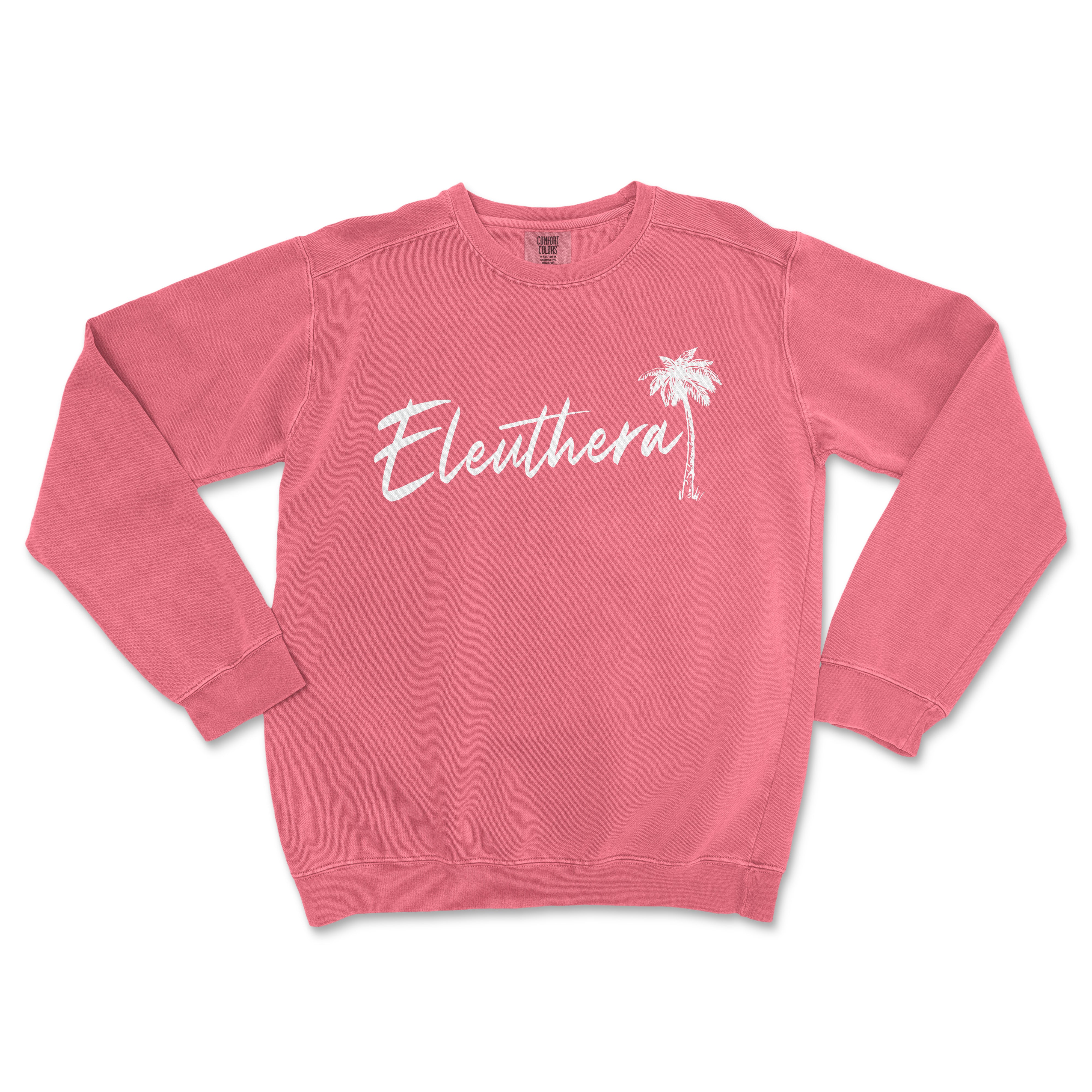 a pink sweatshirt with the word eleuthera printed on it