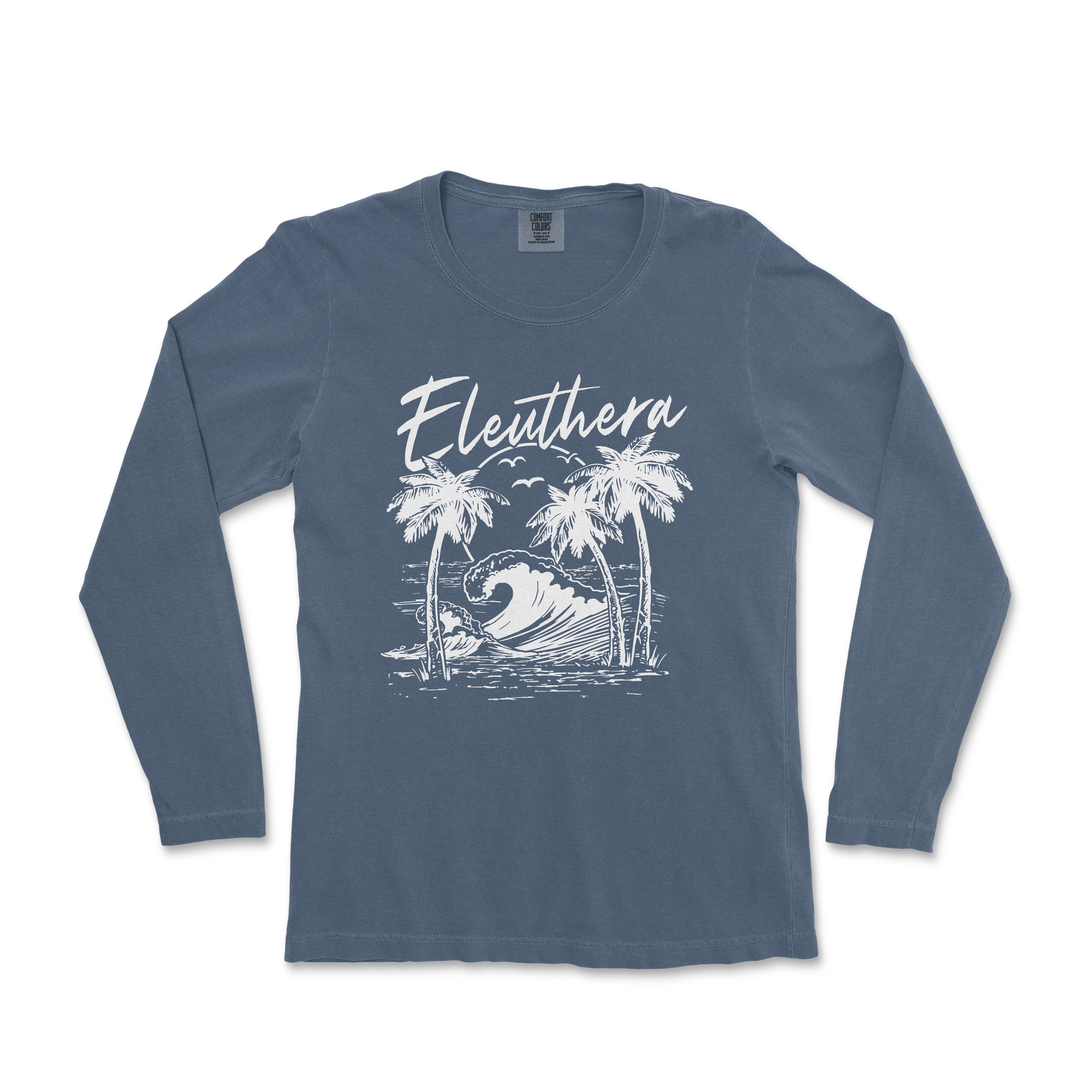 a women's long sleeve shirt with a graphic of a wave and palm trees