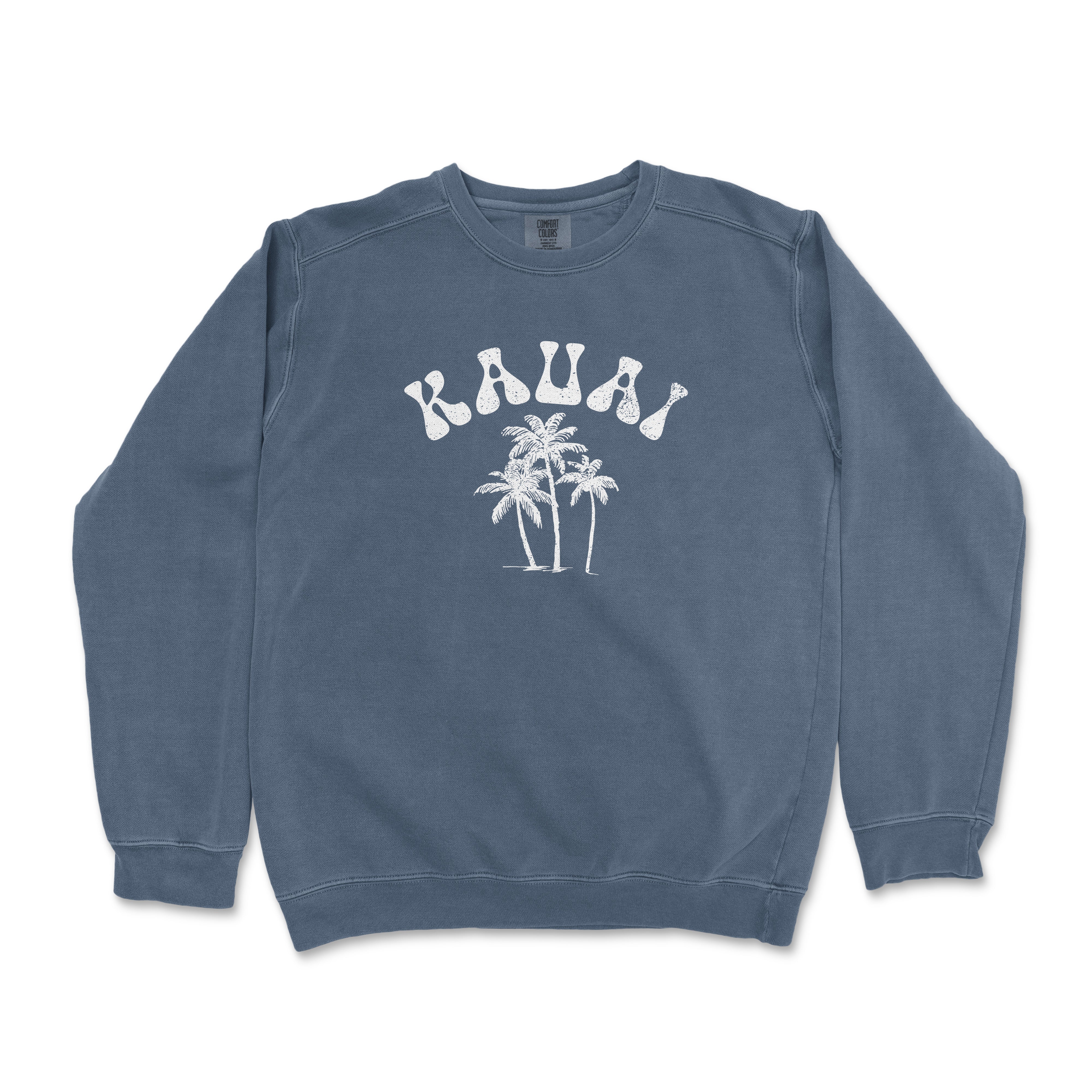 a blue sweatshirt with palm trees printed on it