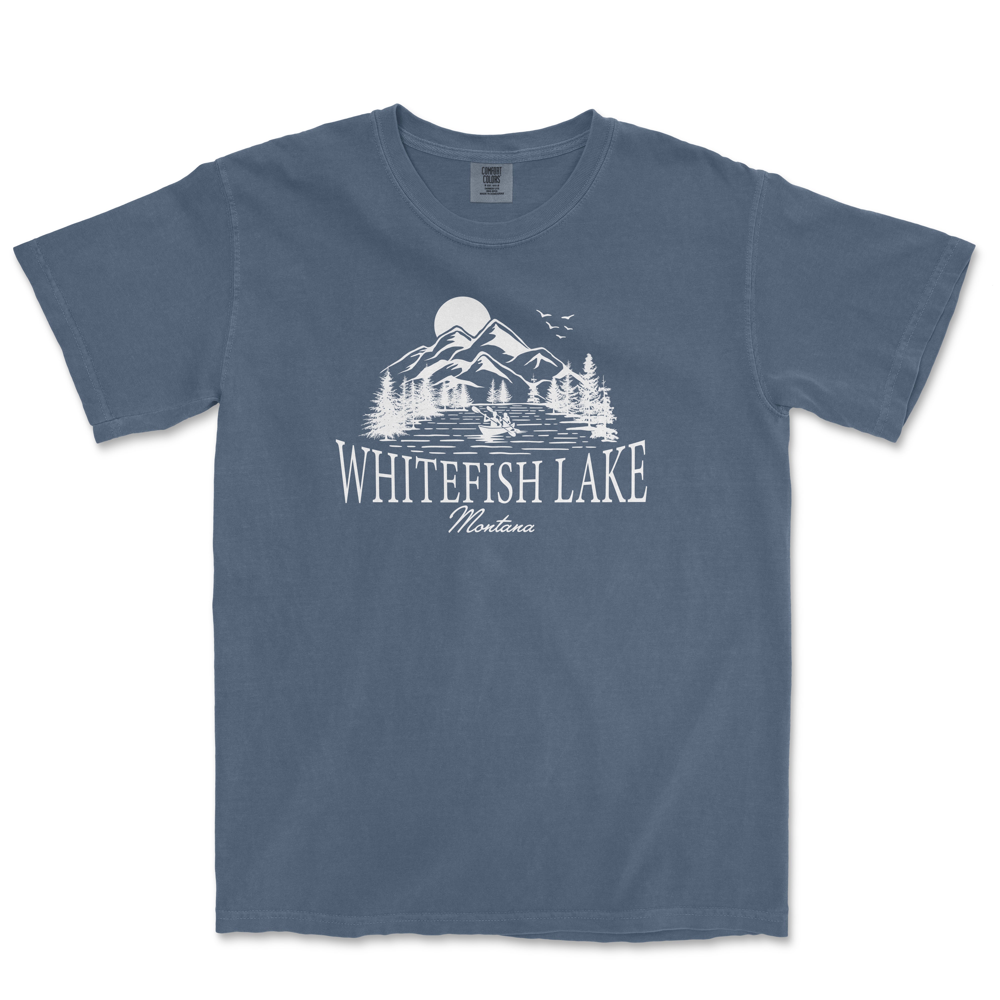 a blue t - shirt with the words whitefish lake on it