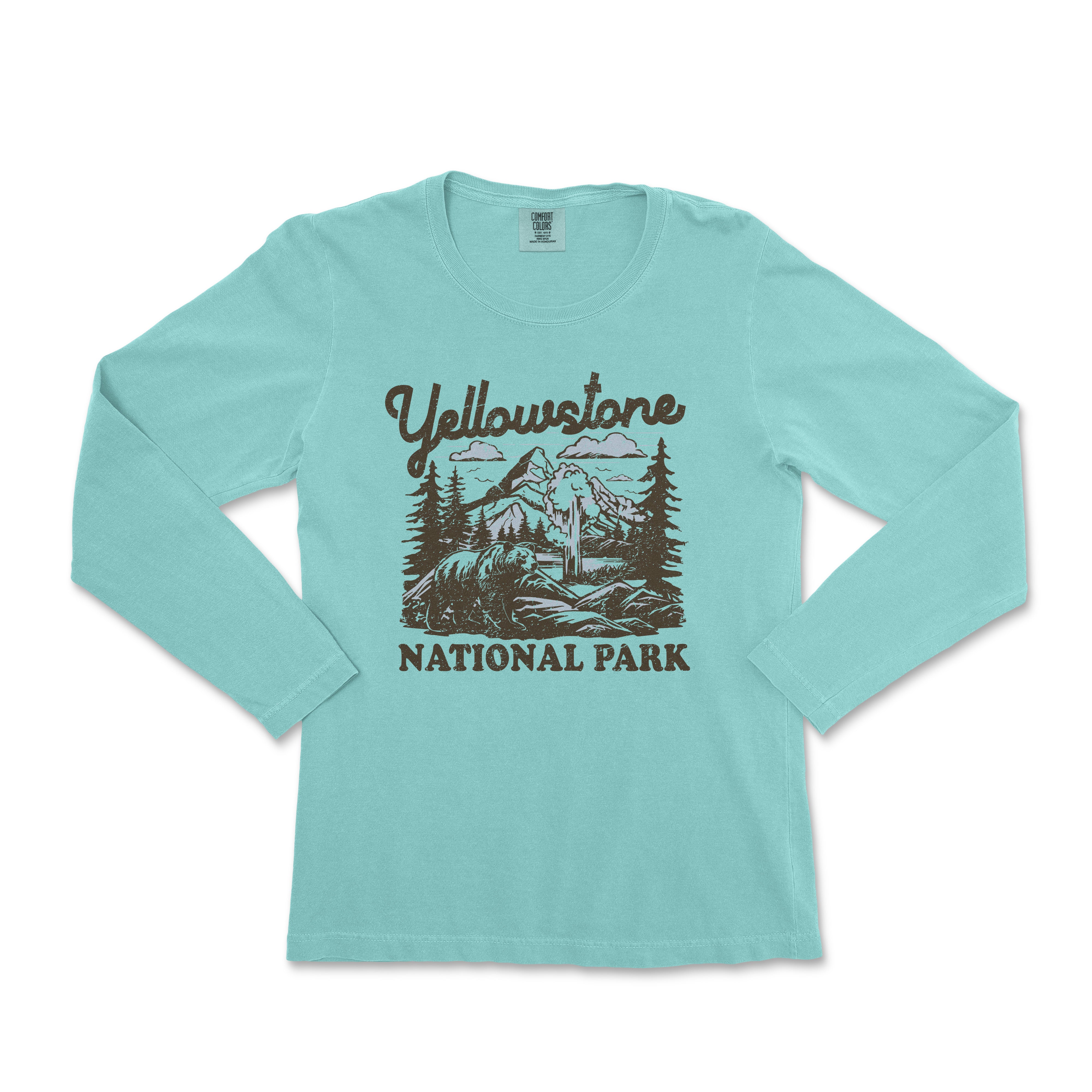 a women's long sleeve shirt with the words yellowstone national park printed on it