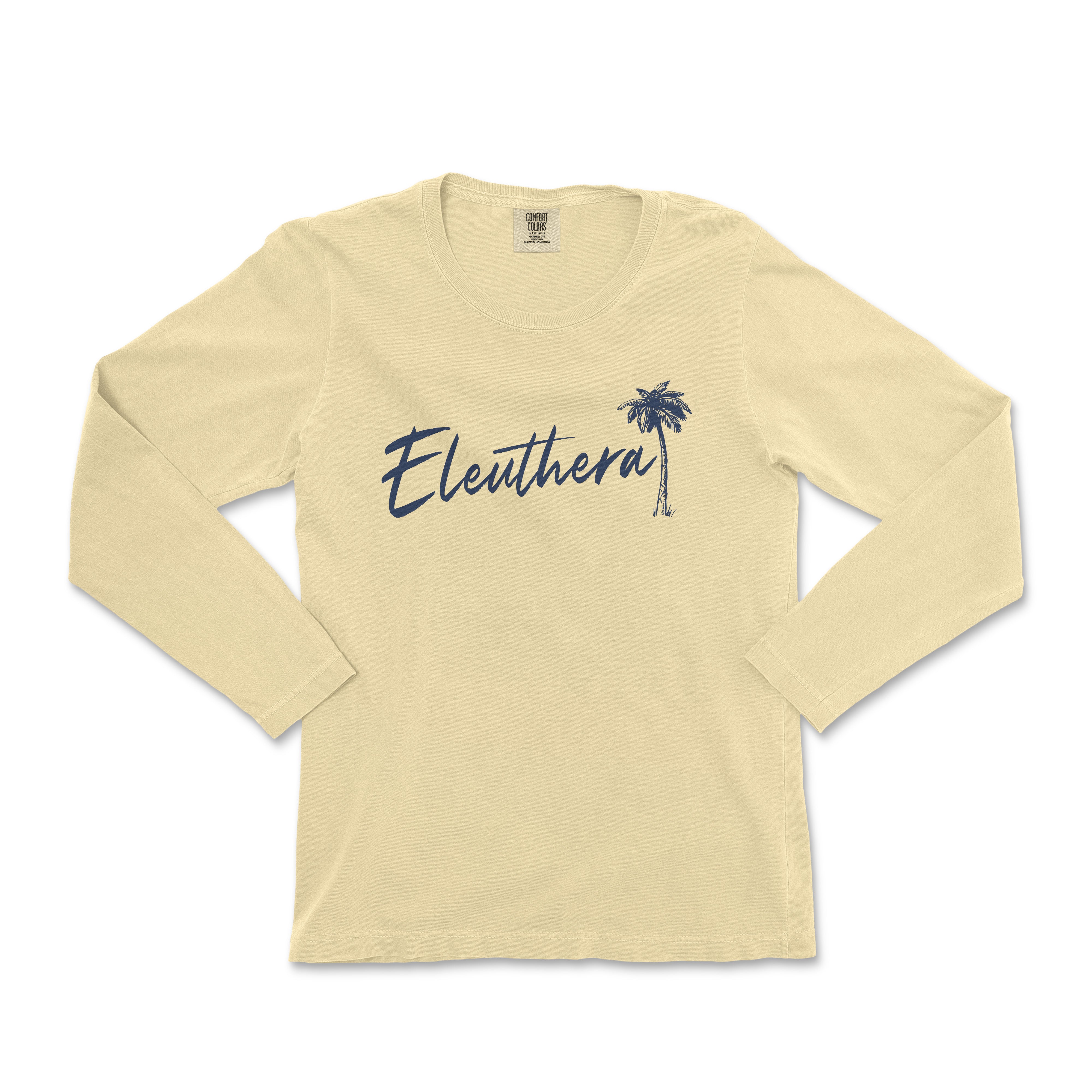 a women's long sleeve shirt with a palm tree on the front