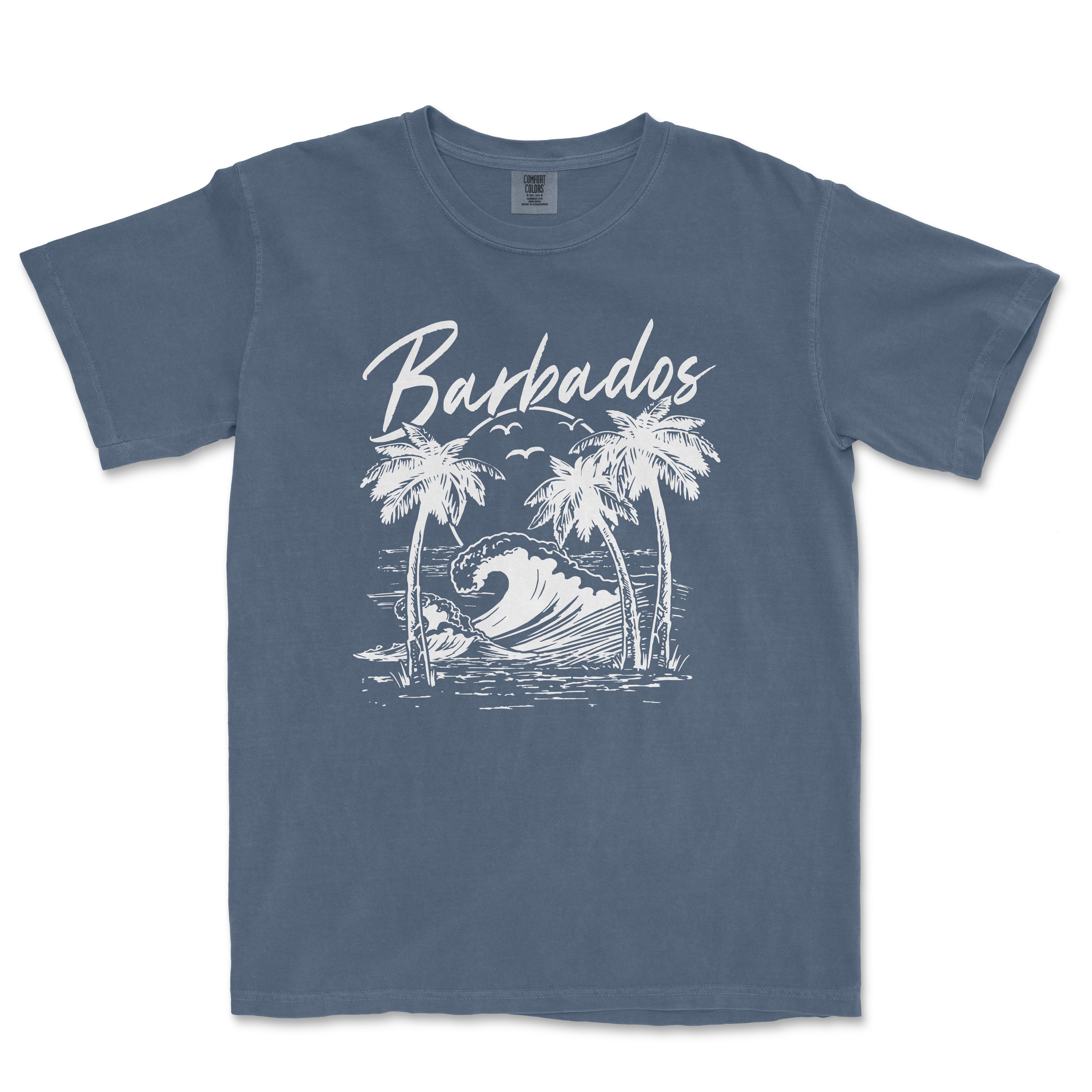 a blue shirt with a picture of a wave and palm trees