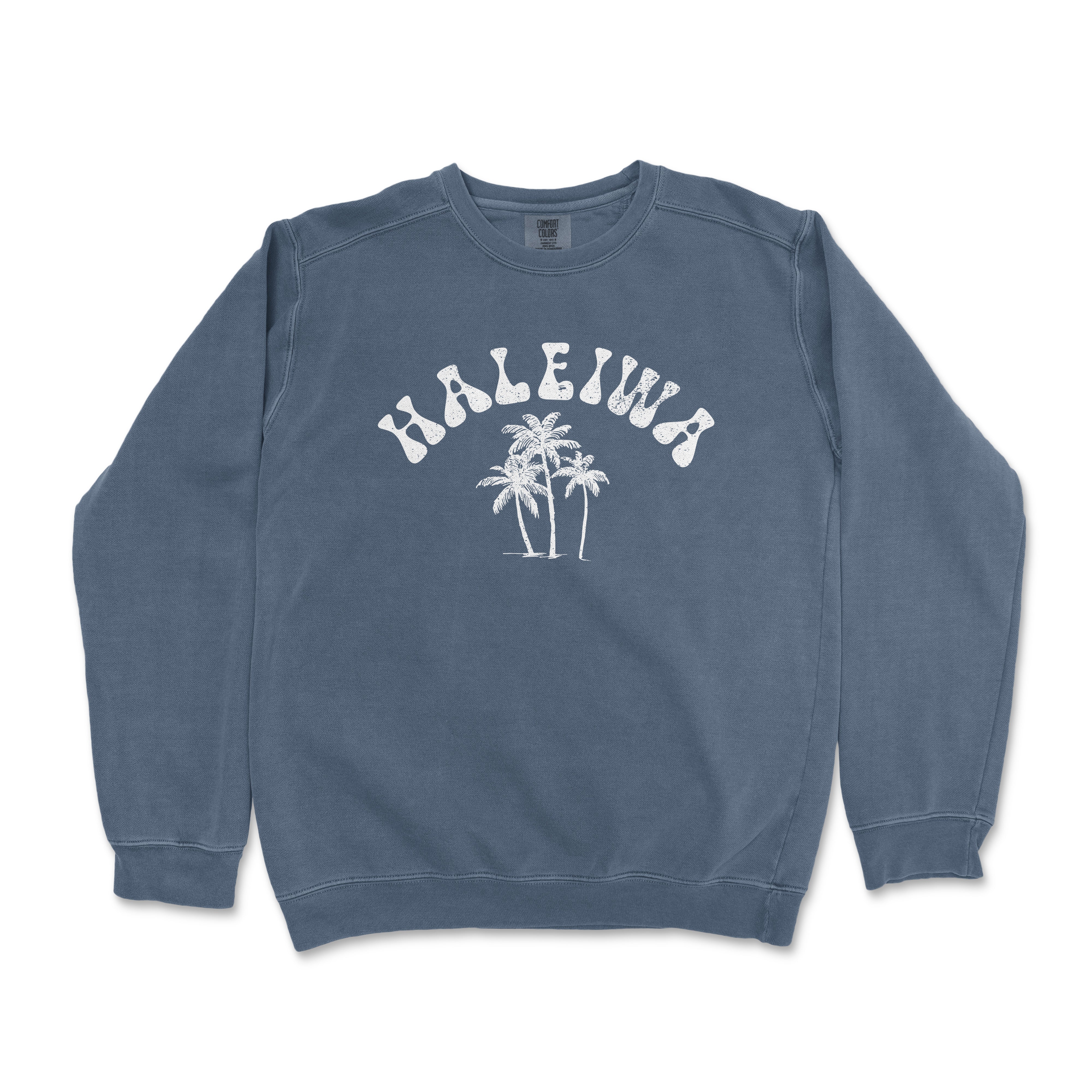 a blue sweatshirt with a palm tree and the word halenna on it