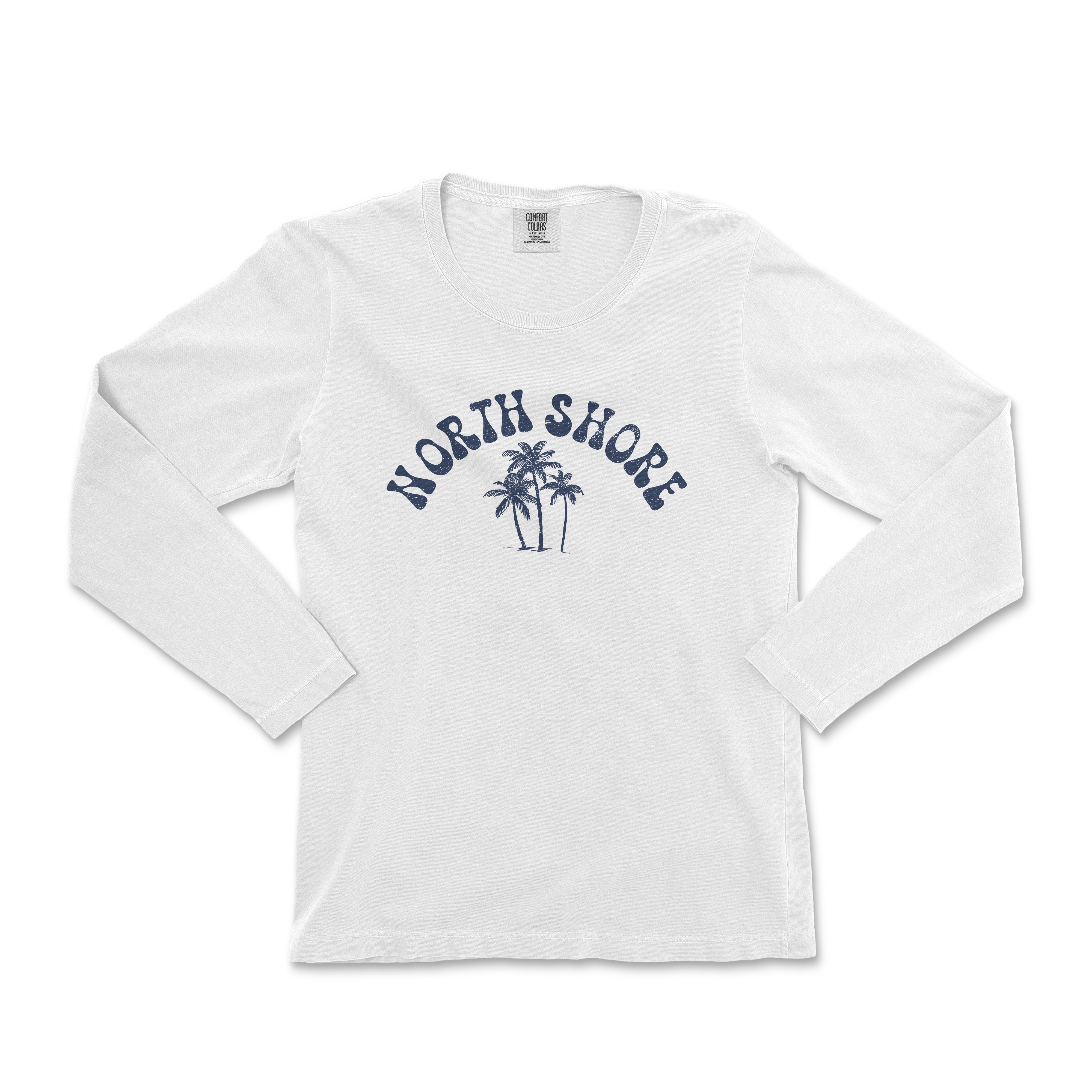 a white long sleeve shirt with the words north shore on it