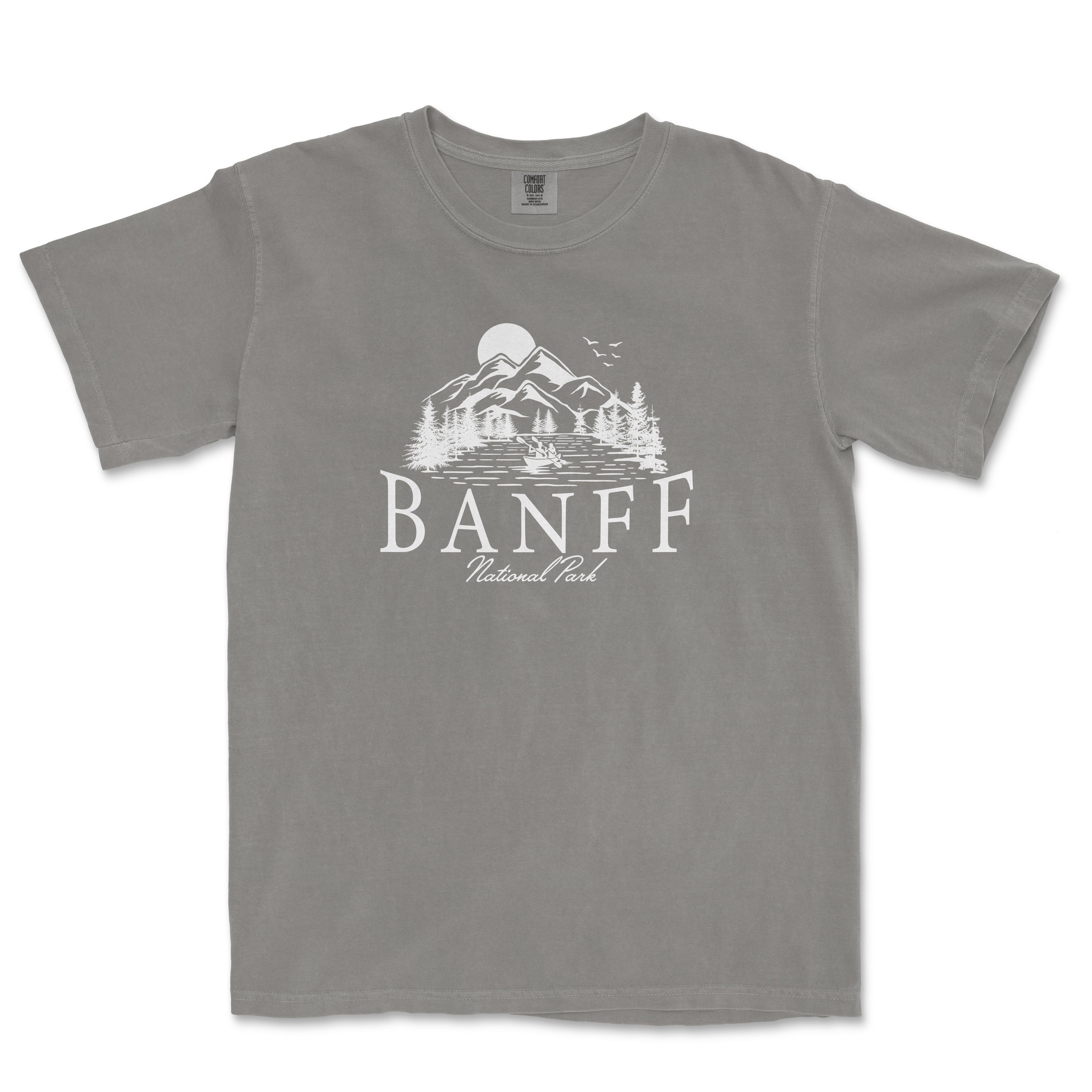 a gray t - shirt with the word banff on it