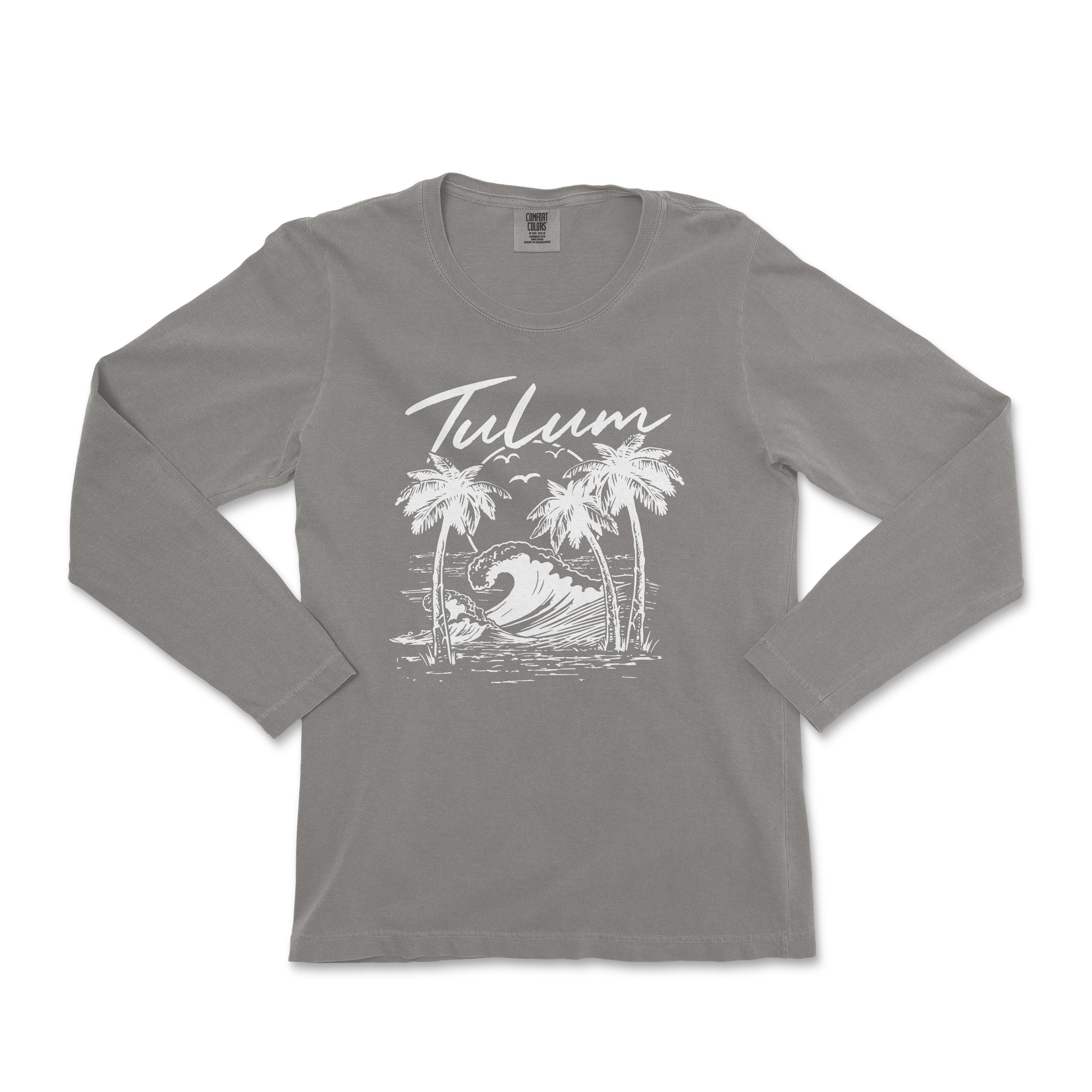 a women's long - sleeved shirt with a palm tree and the words