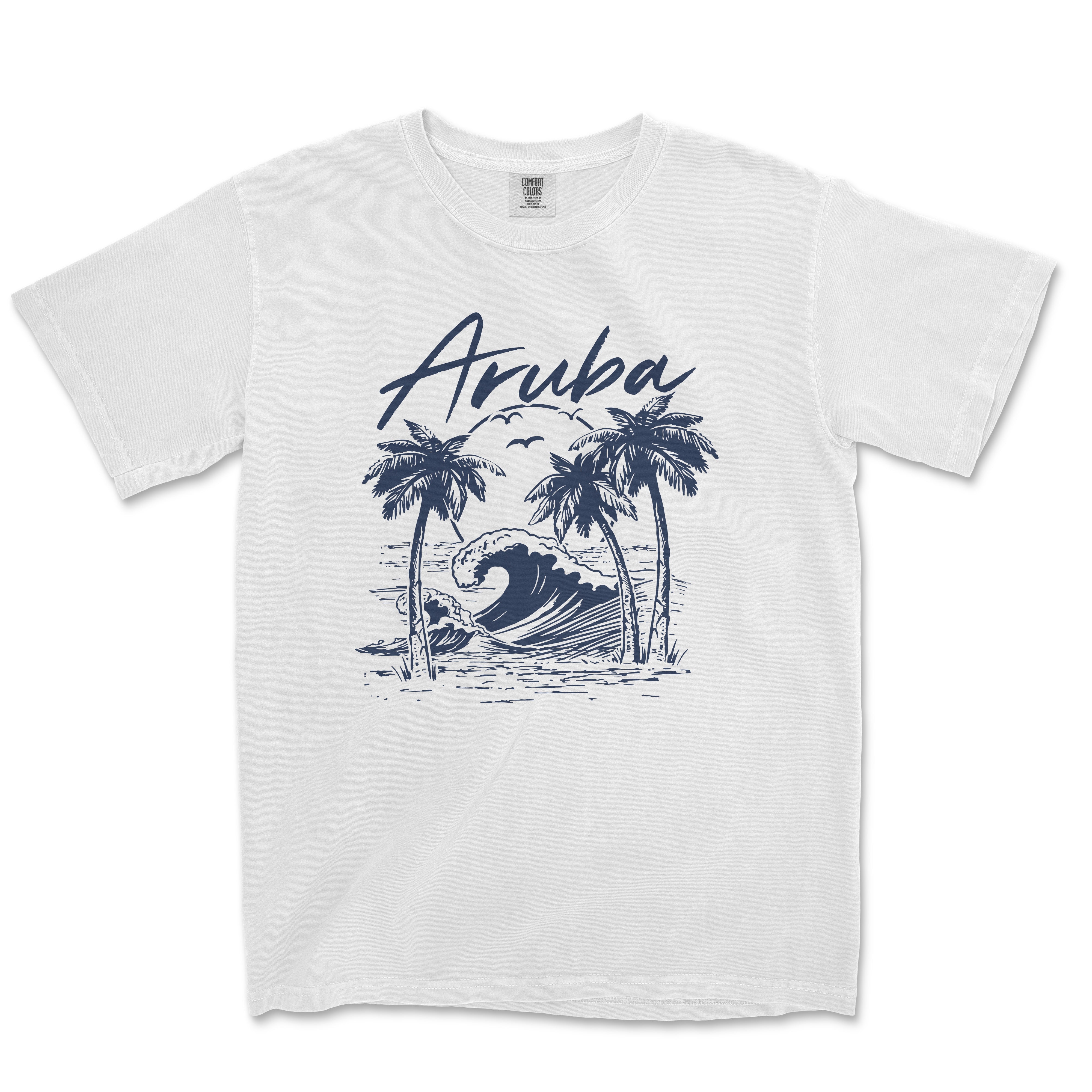 a white t - shirt with an image of a wave and palm trees