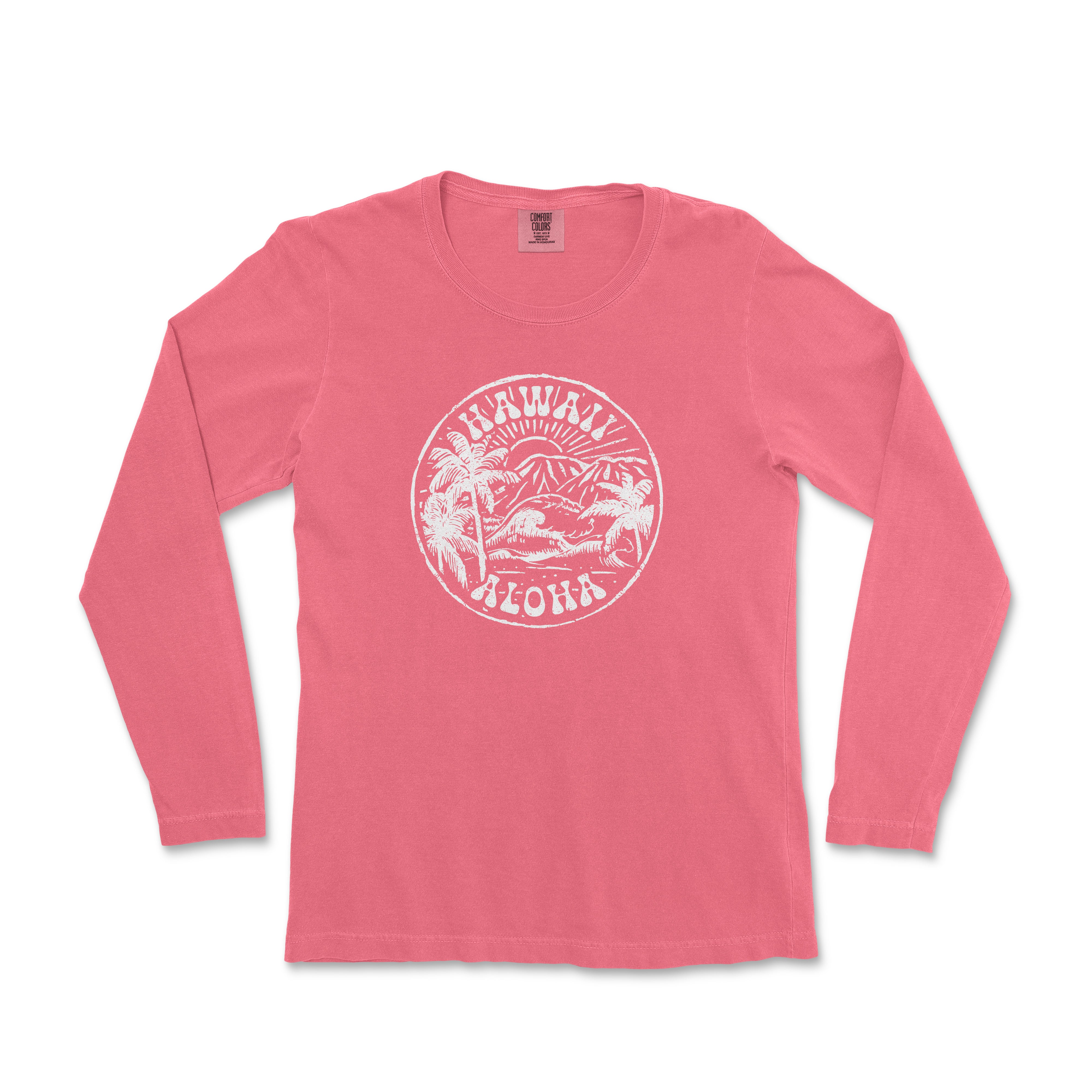 a pink long sleeve shirt with the words hawaii on it