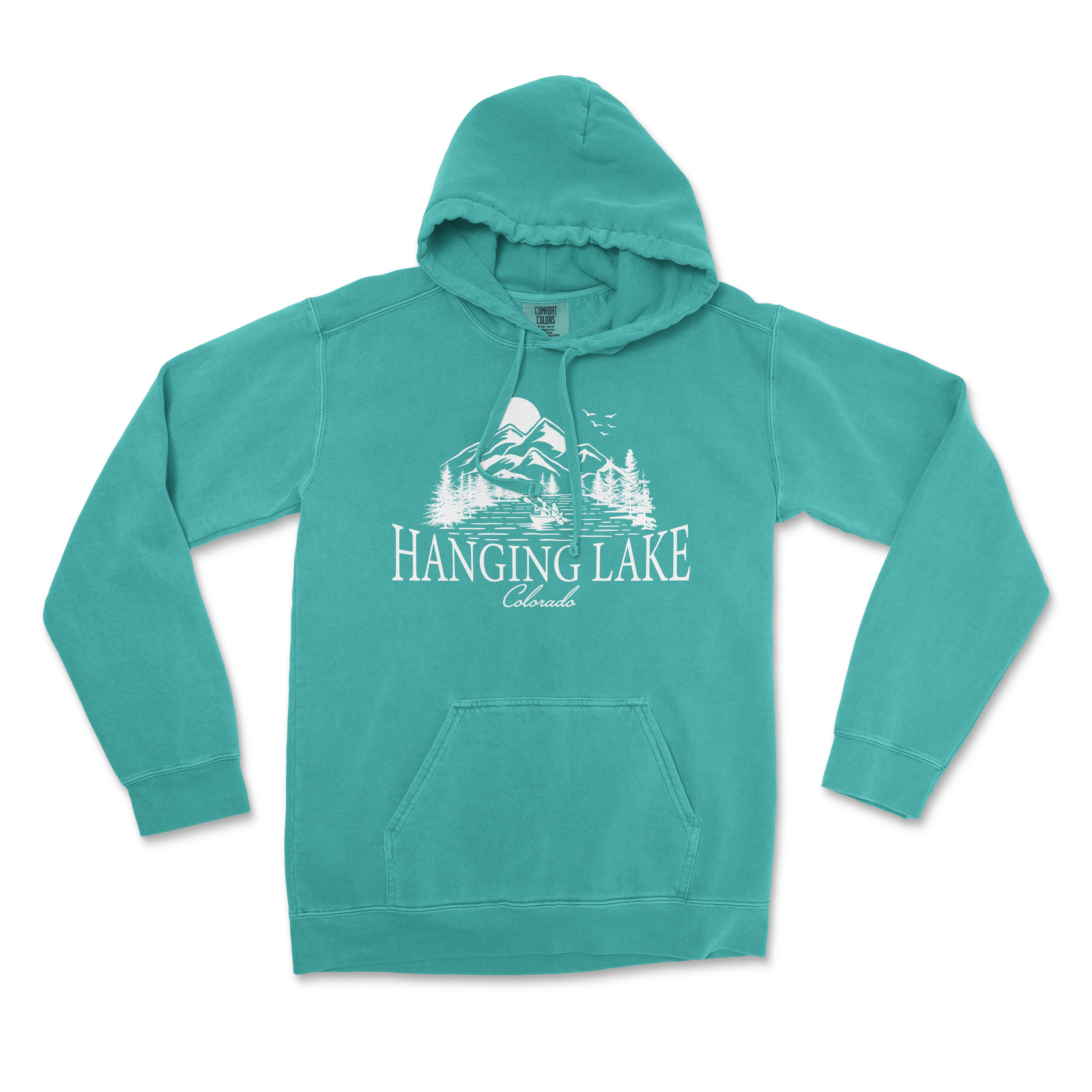 a green hoodie with the words hanging lake printed on it