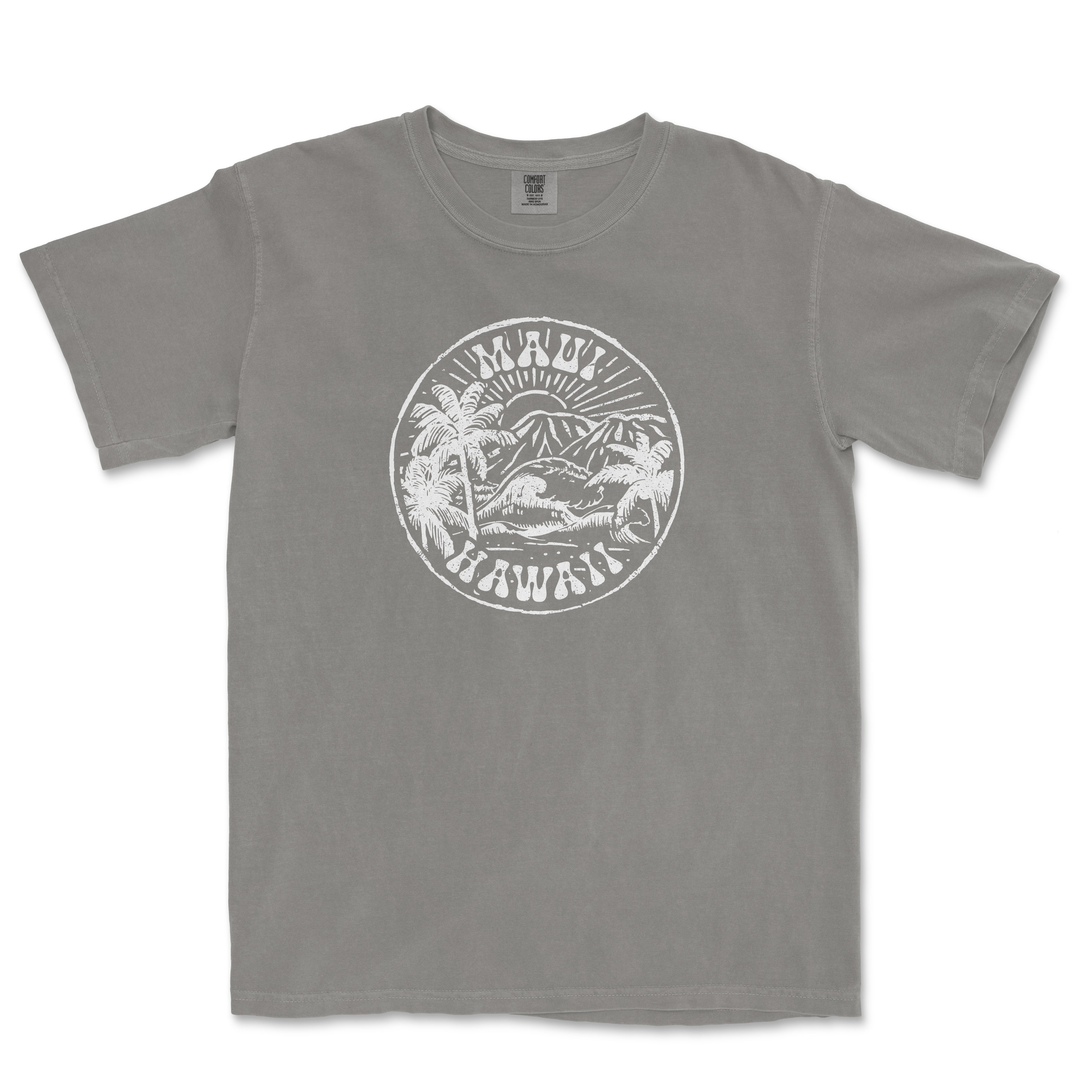 a grey t - shirt with a white logo on it