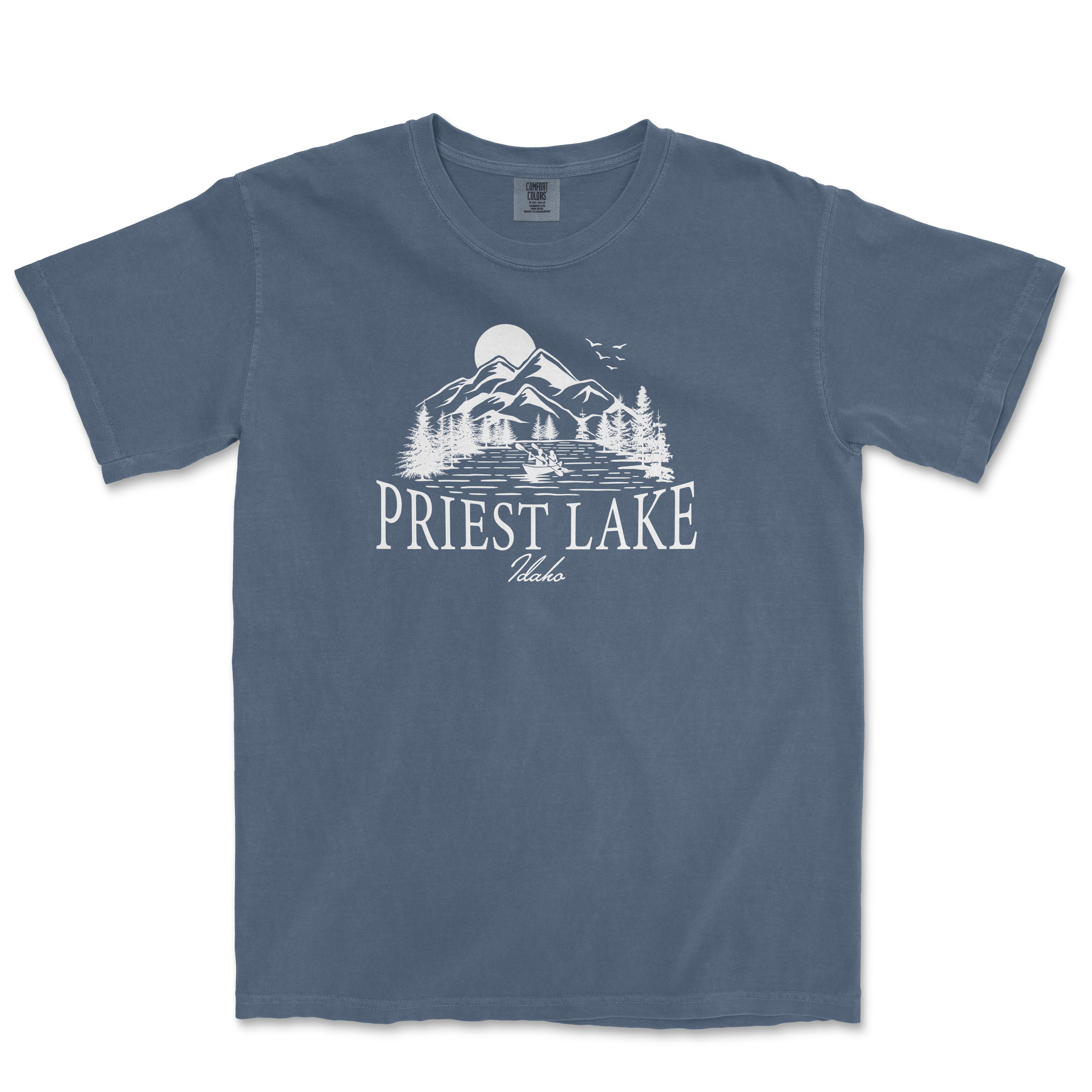 a blue shirt with the words priest lake on it