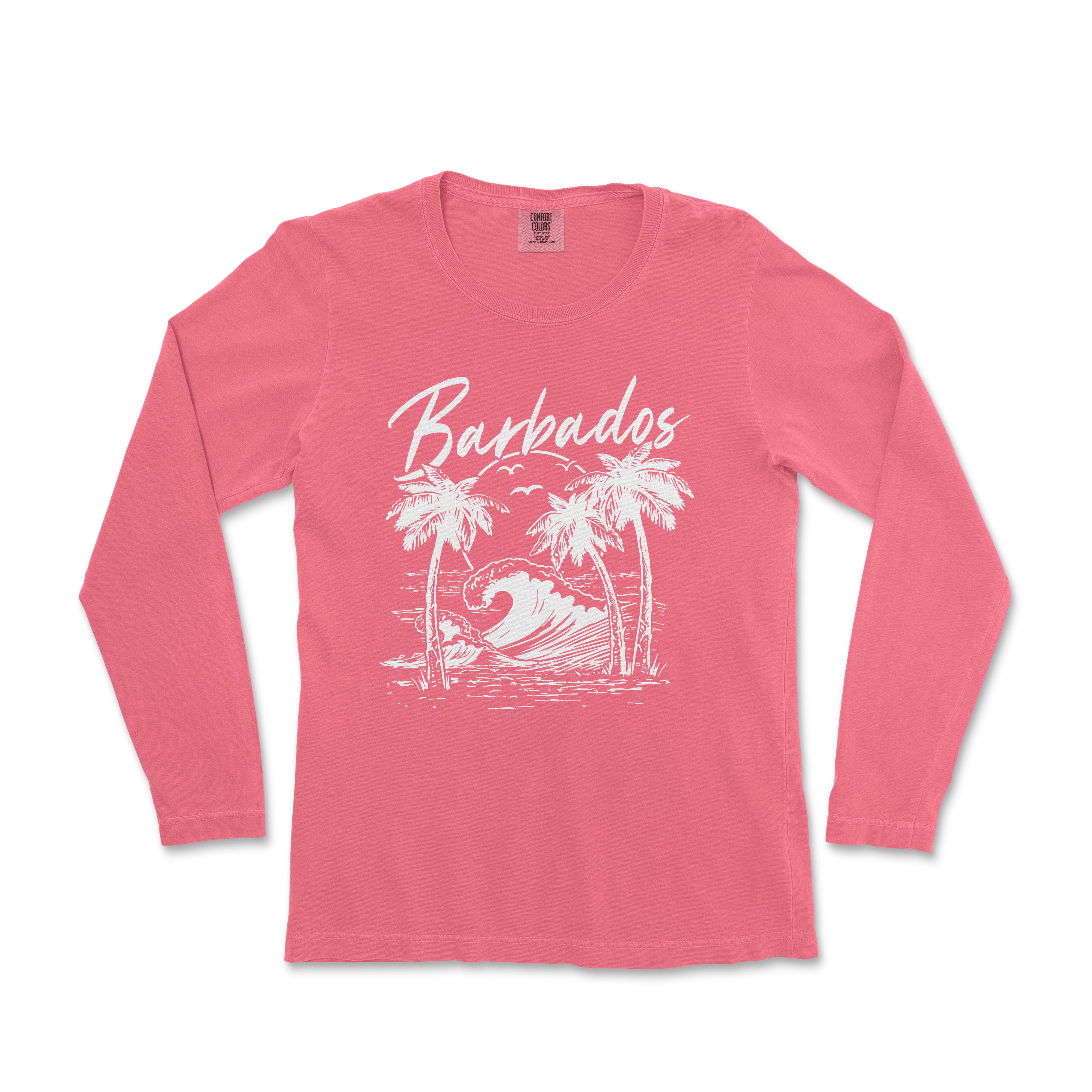 a women's pink long sleeve shirt with a surfboarder and palm trees