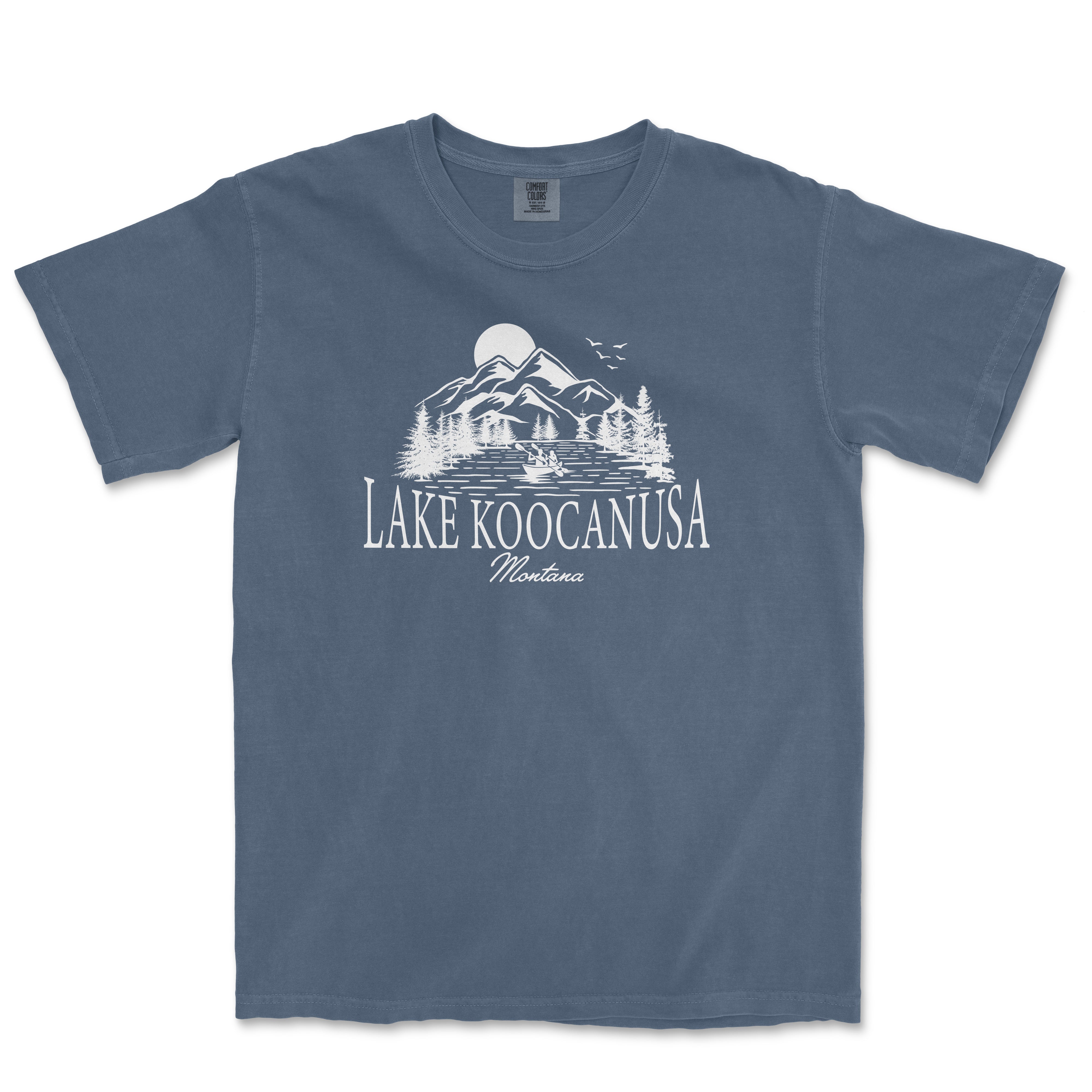 a blue shirt with the words lake roccanusa on it